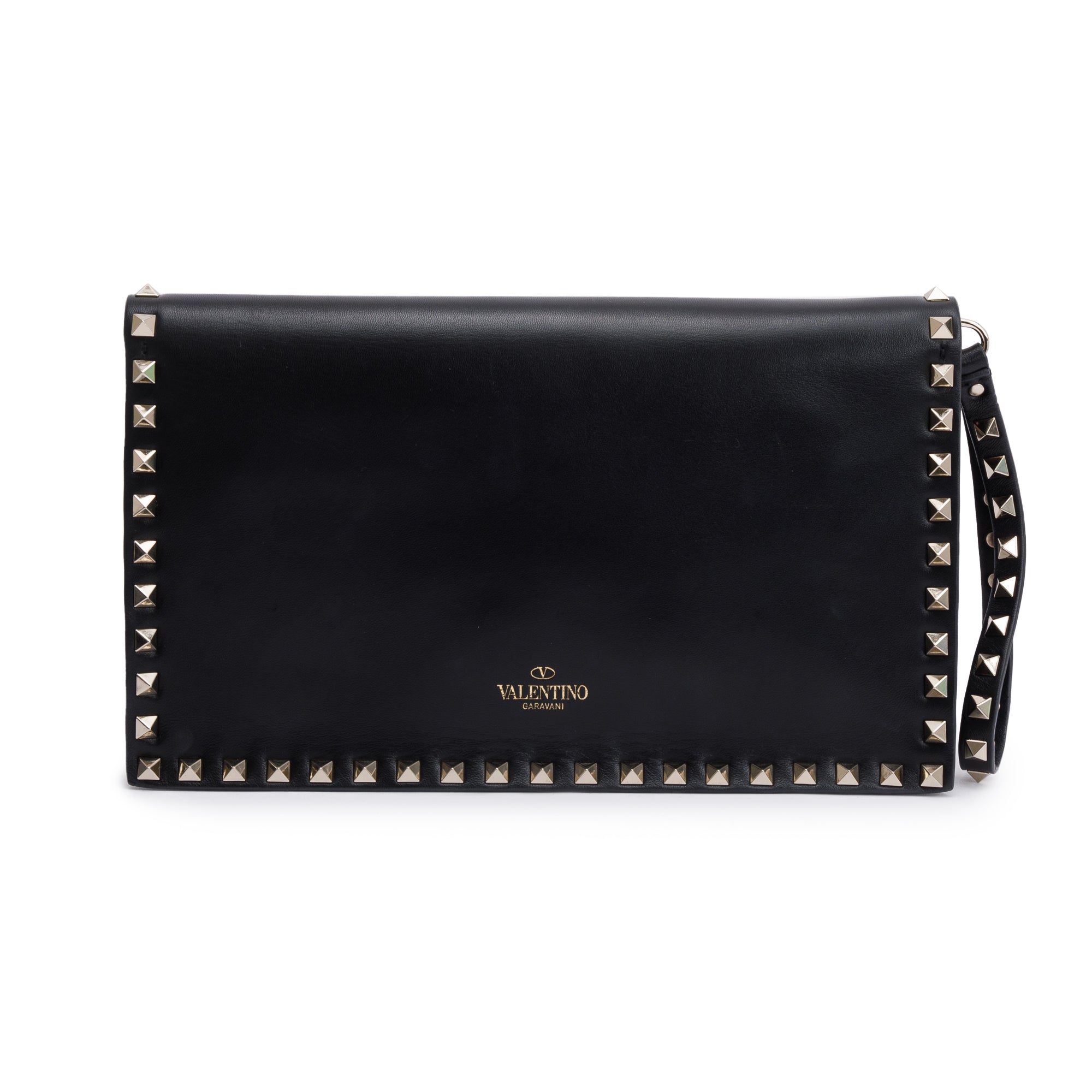 Valentino Black Smooth Calfskin Leather Rockstud Wristlet Clutch