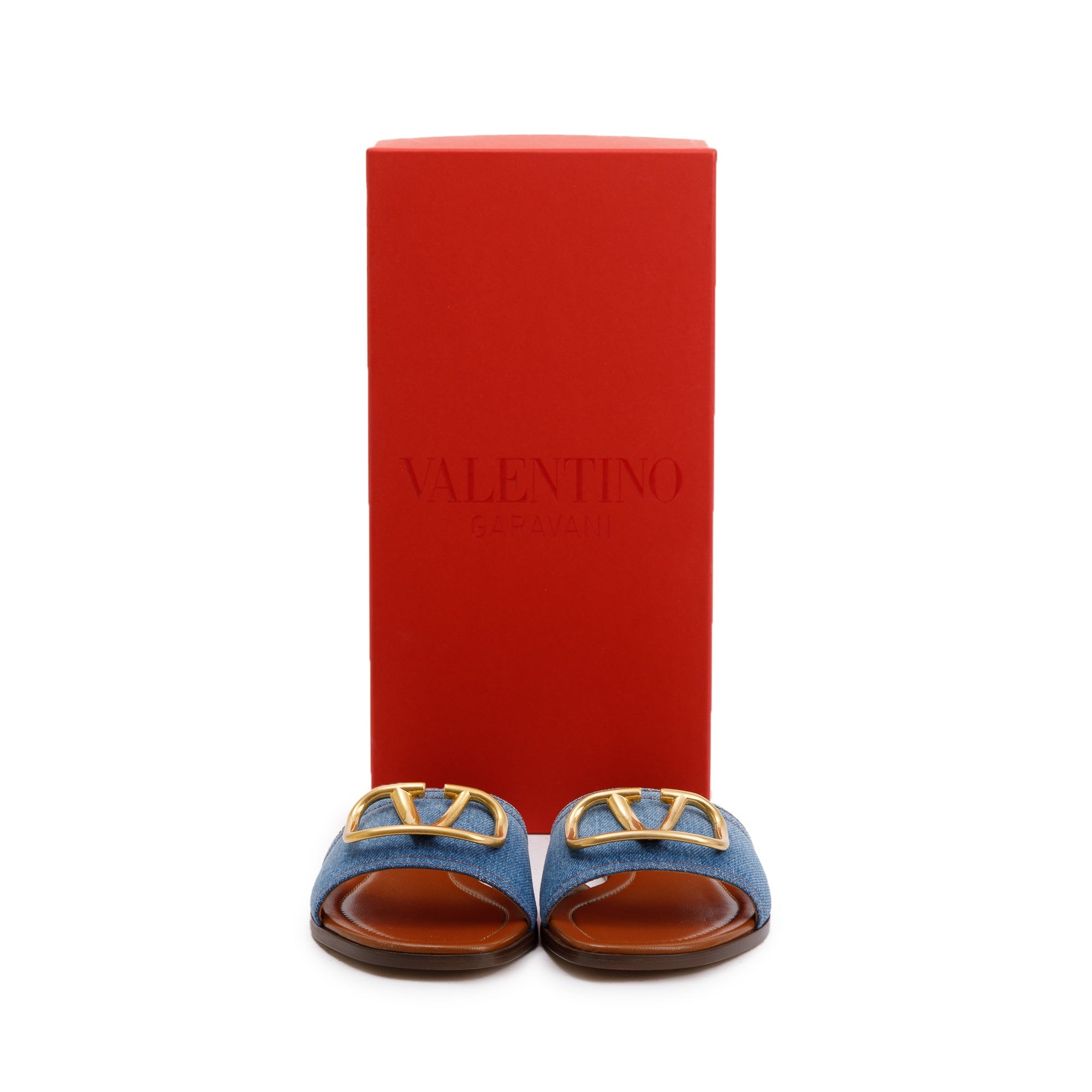 Valentino Blue Denim Vlogo Siganture Slide Sandals, Size 38.5 w/ Box $ Receipt