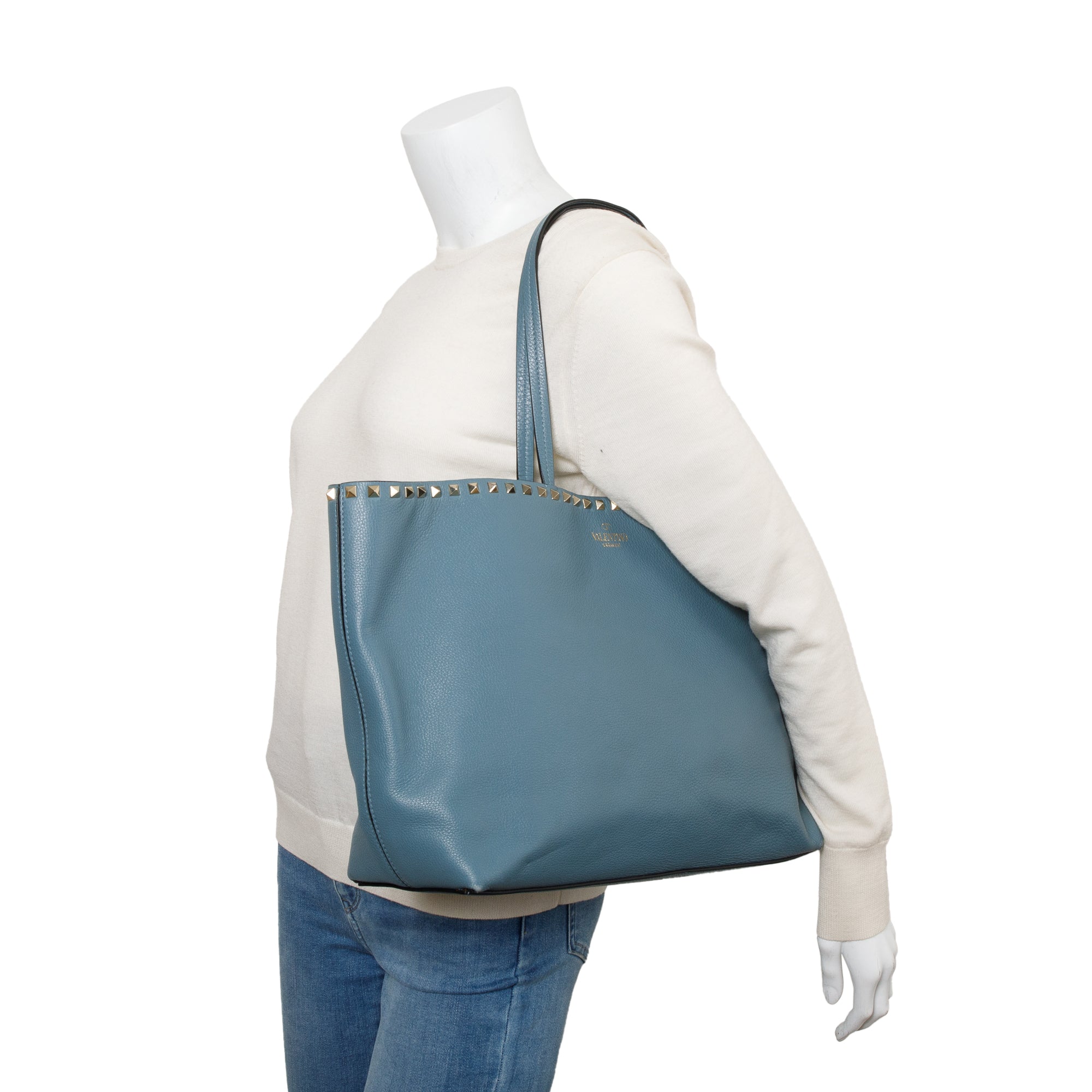 Valentino Blue Grained Calfskin Large Rockstud Tote