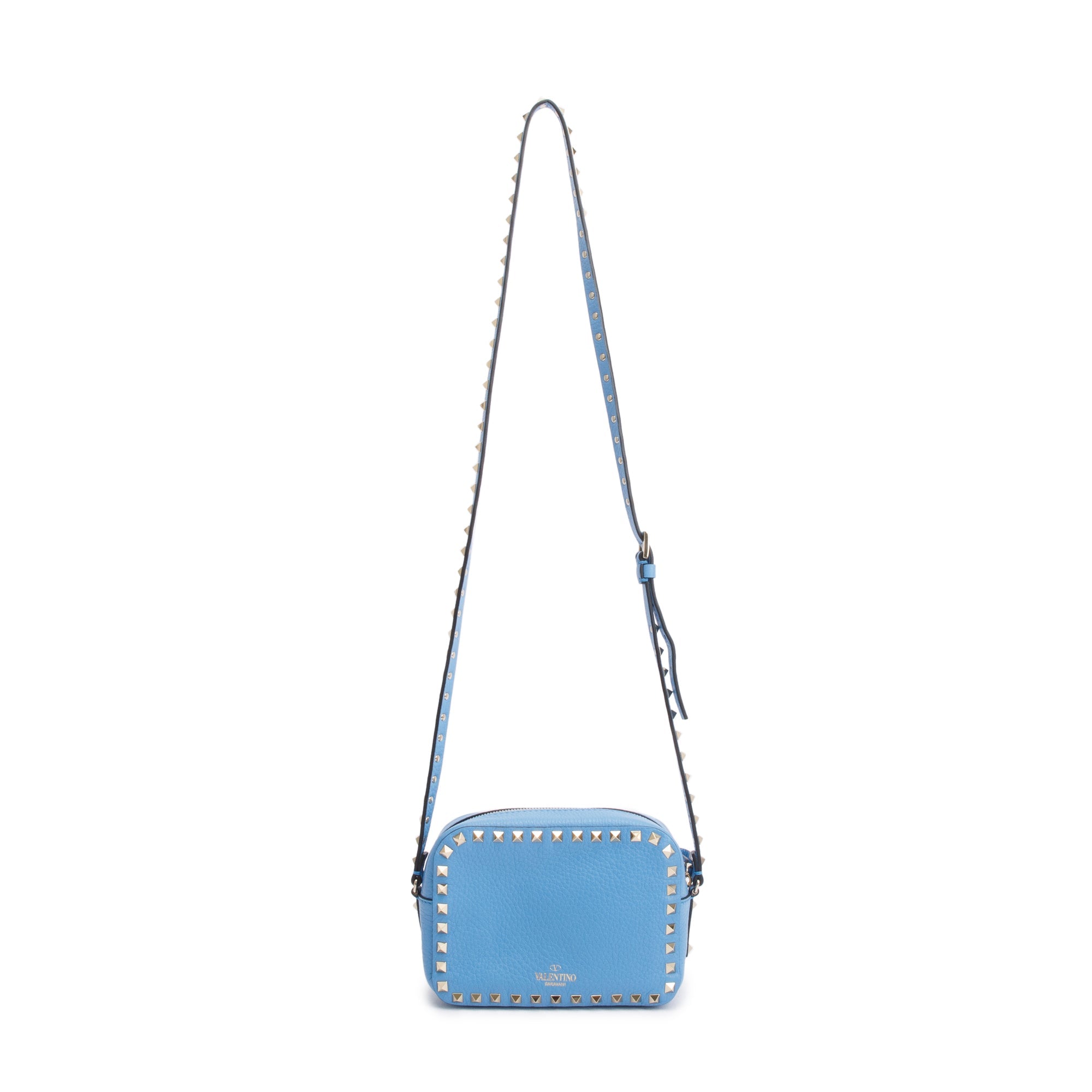Valentino Blue Grained Calfskin Leather Rockstud Camera Crossbody Bag