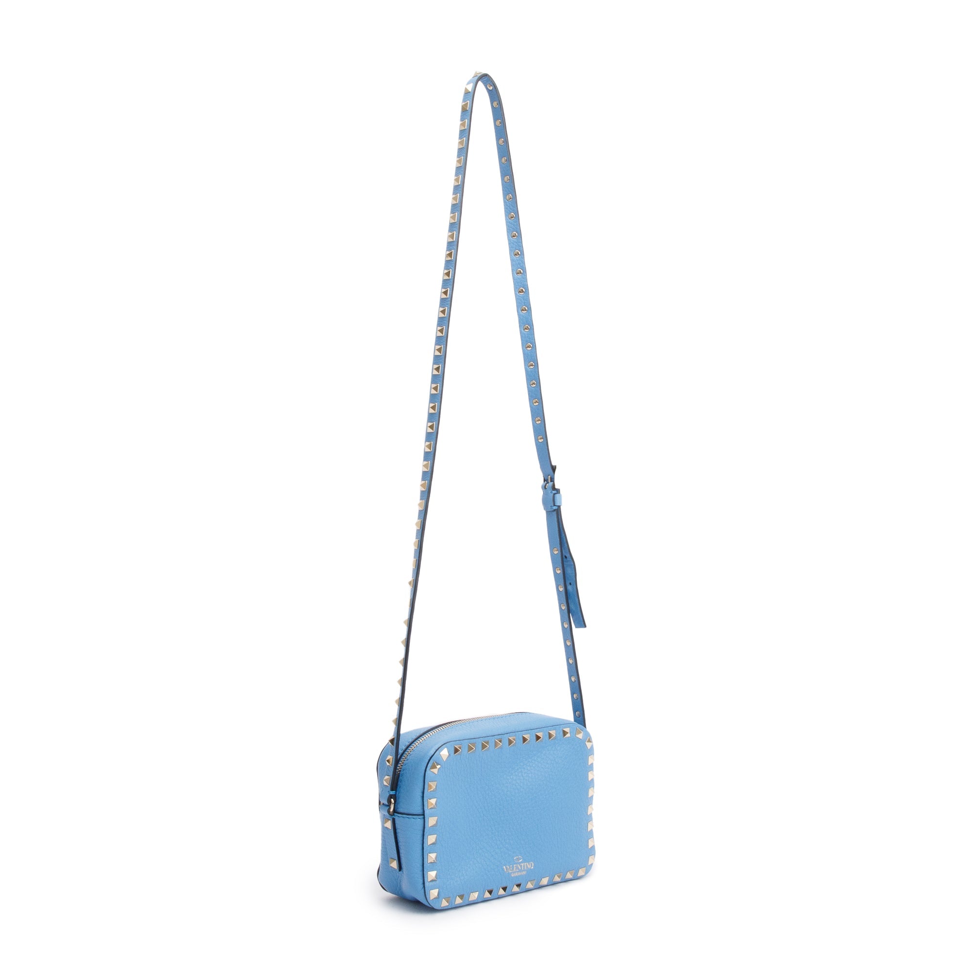 Valentino Blue Grained Calfskin Leather Rockstud Camera Crossbody Bag