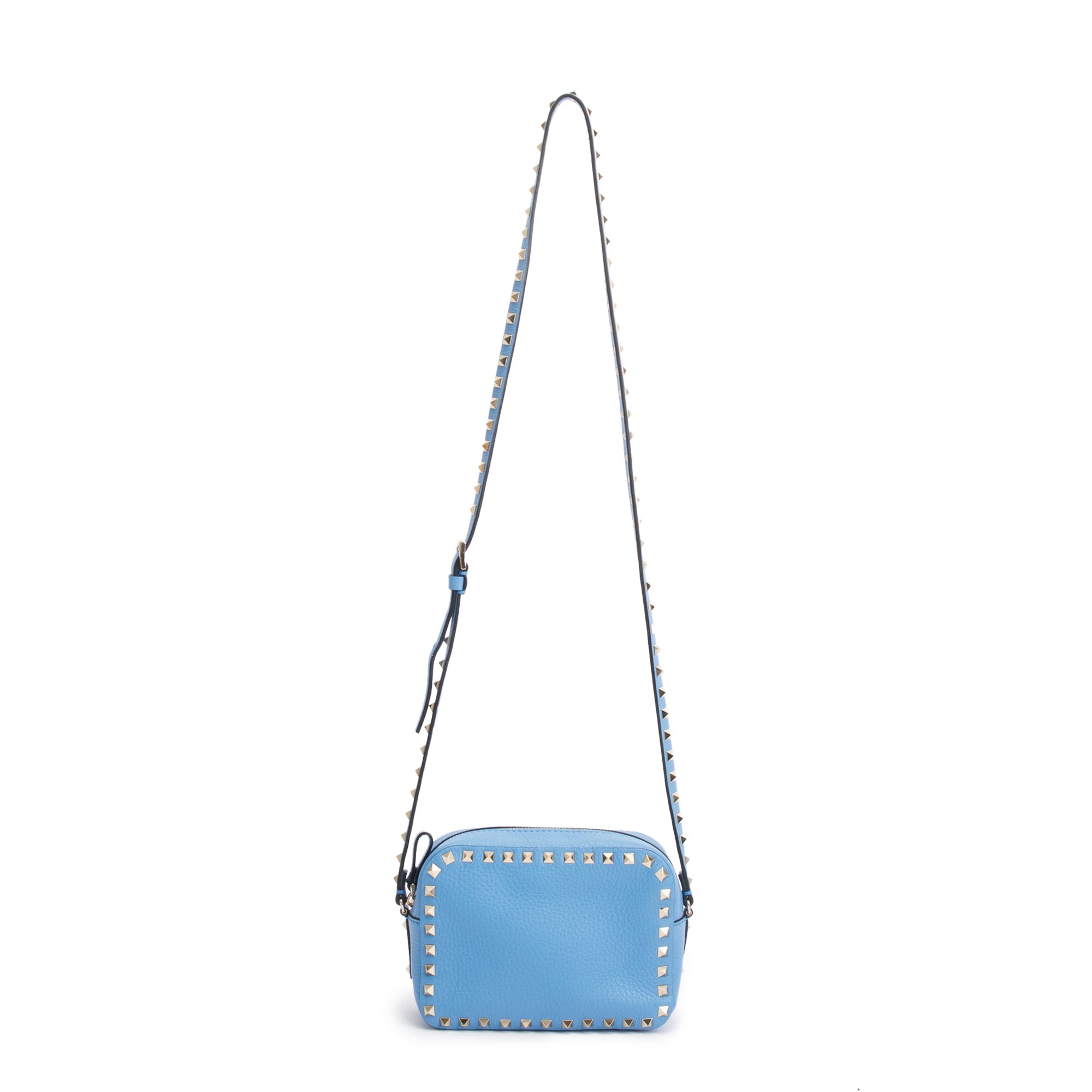 Valentino Blue Grained Calfskin Leather Rockstud Camera Crossbody Bag