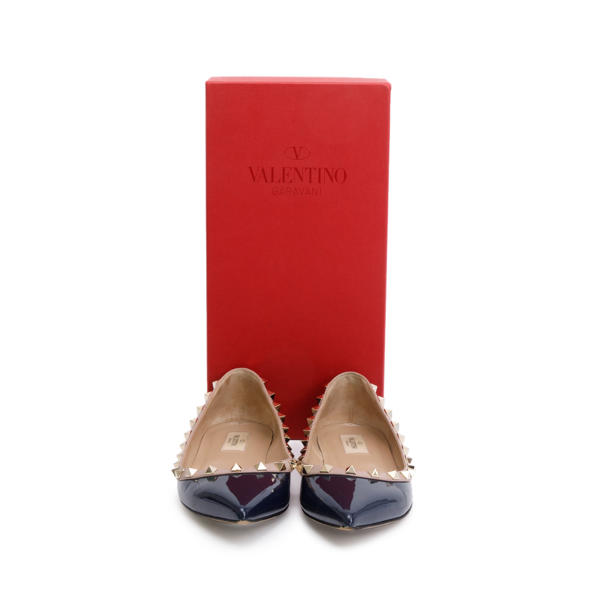 Valentino Blue Patent Leather Rockstud Ballet Flat Shoes, Size 38 w/ Box