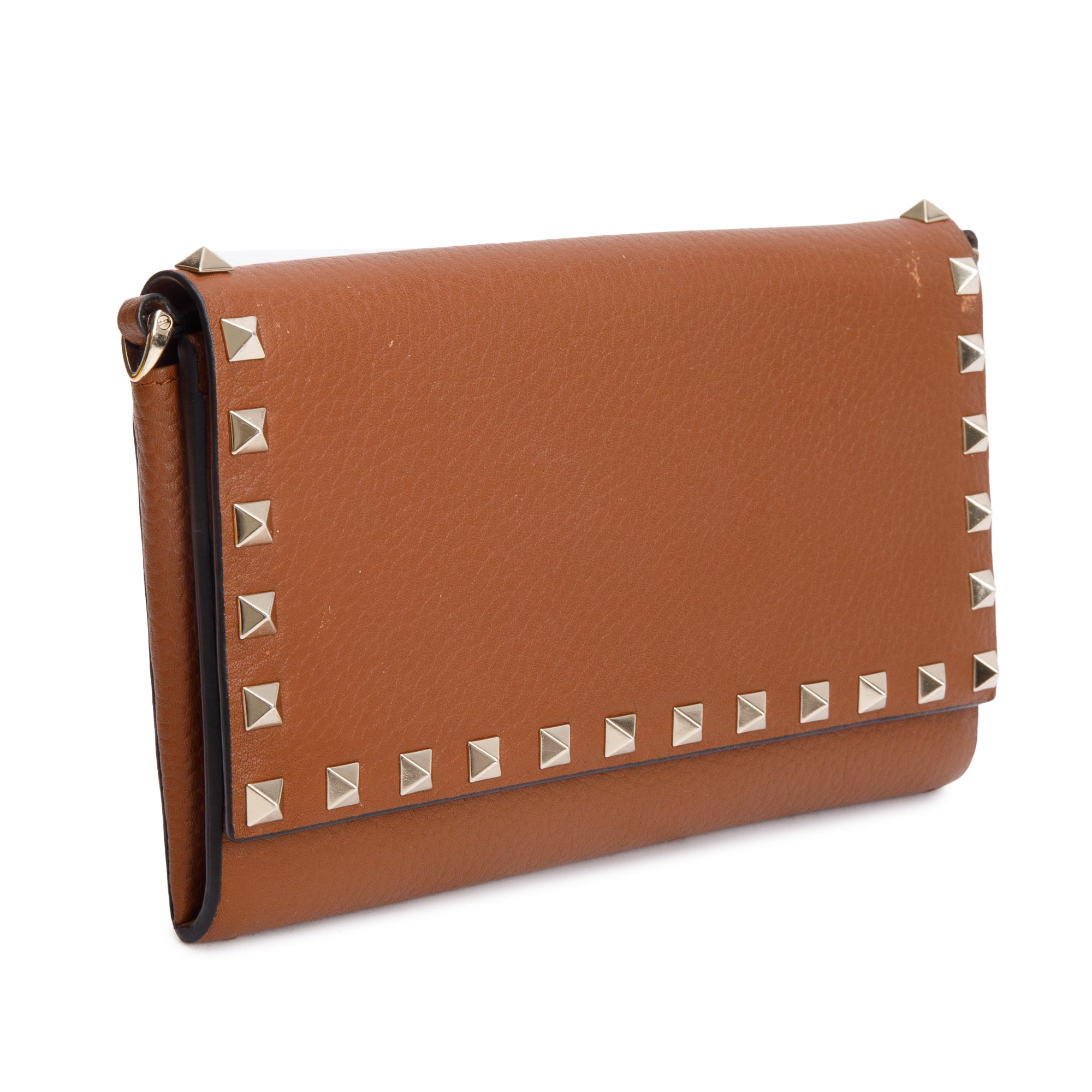 Valentino Brown Grained Leather Rockstud Wallet On Chain