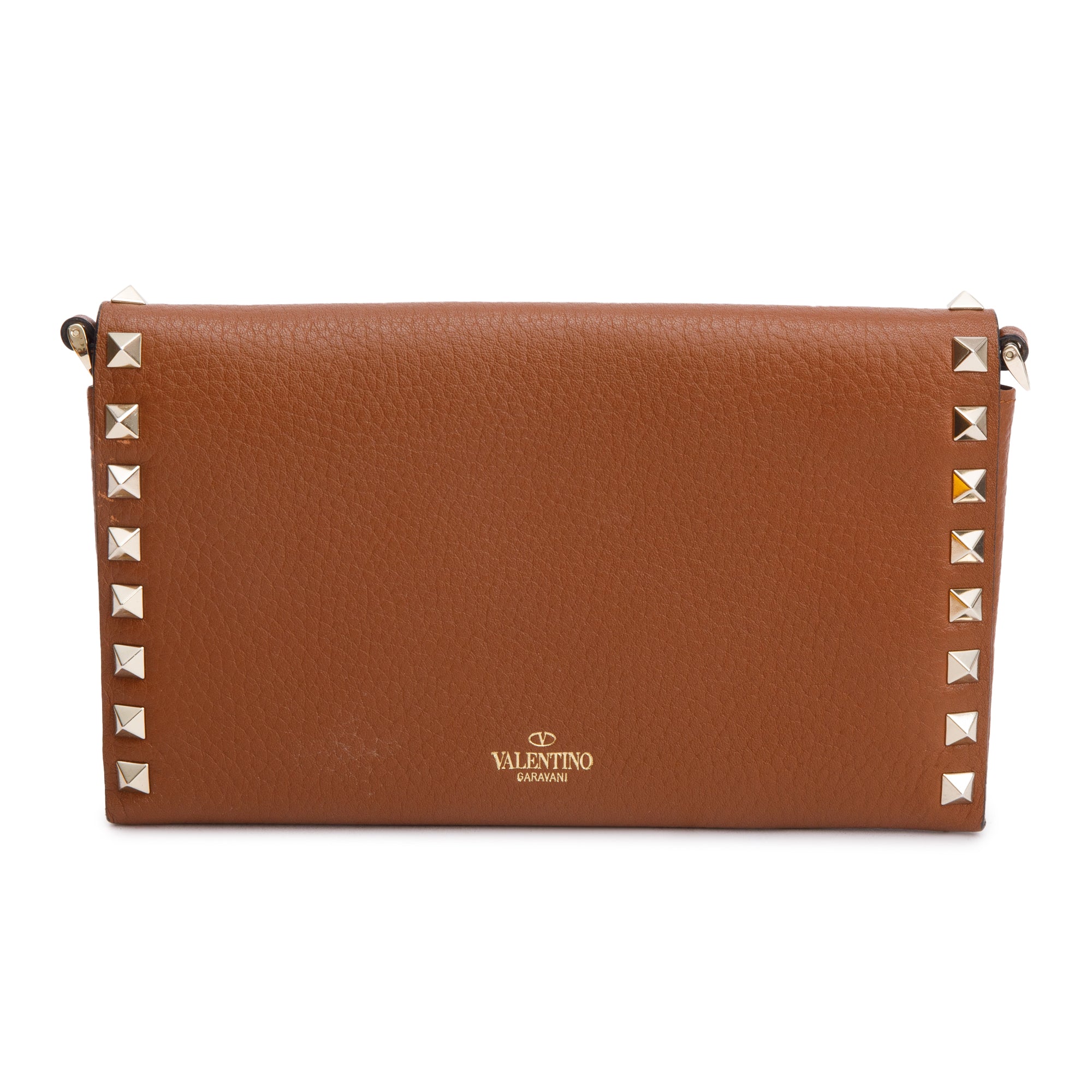 Valentino Brown Grained Leather Rockstud Wallet On Chain