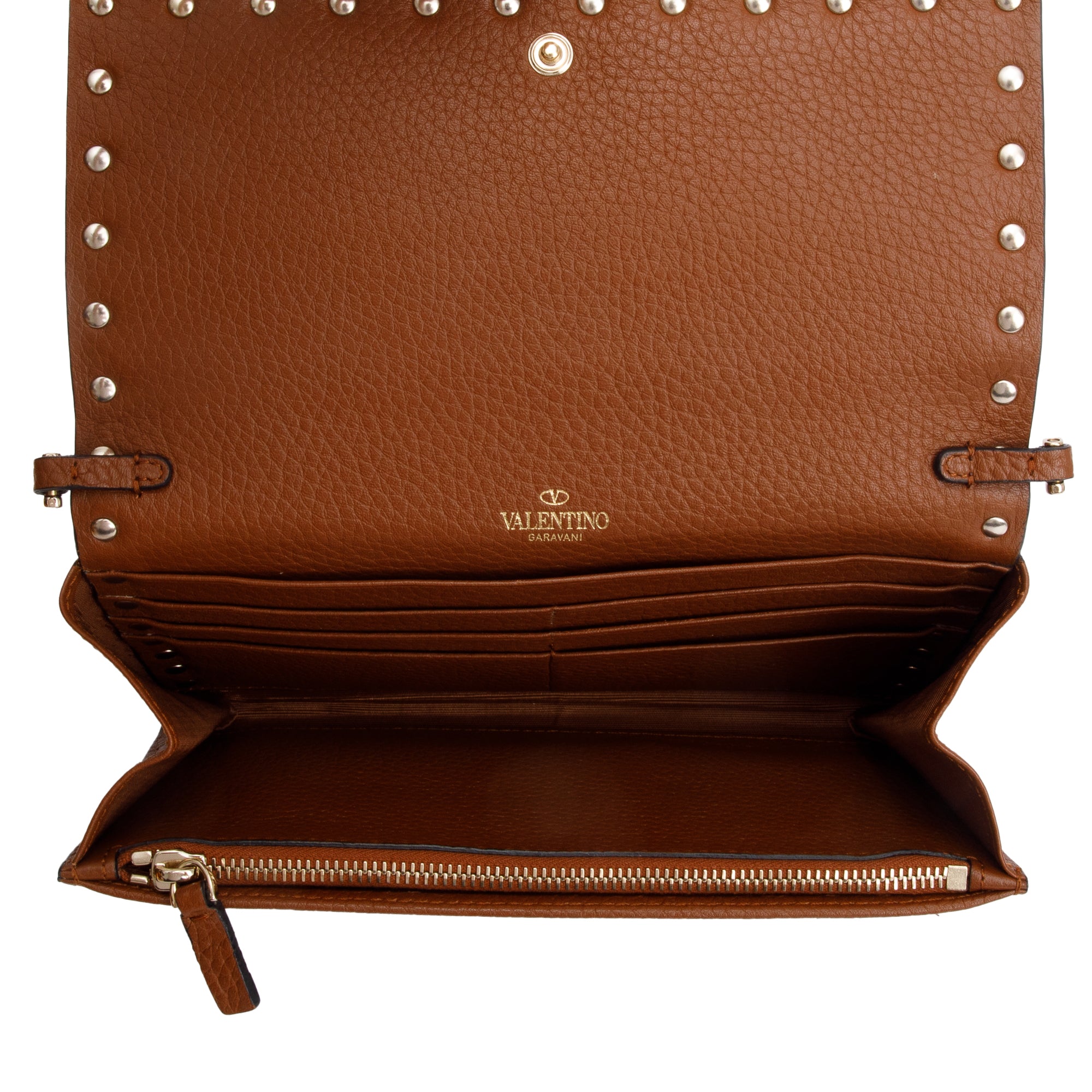 Valentino Brown Grained Leather Rockstud Wallet On Chain