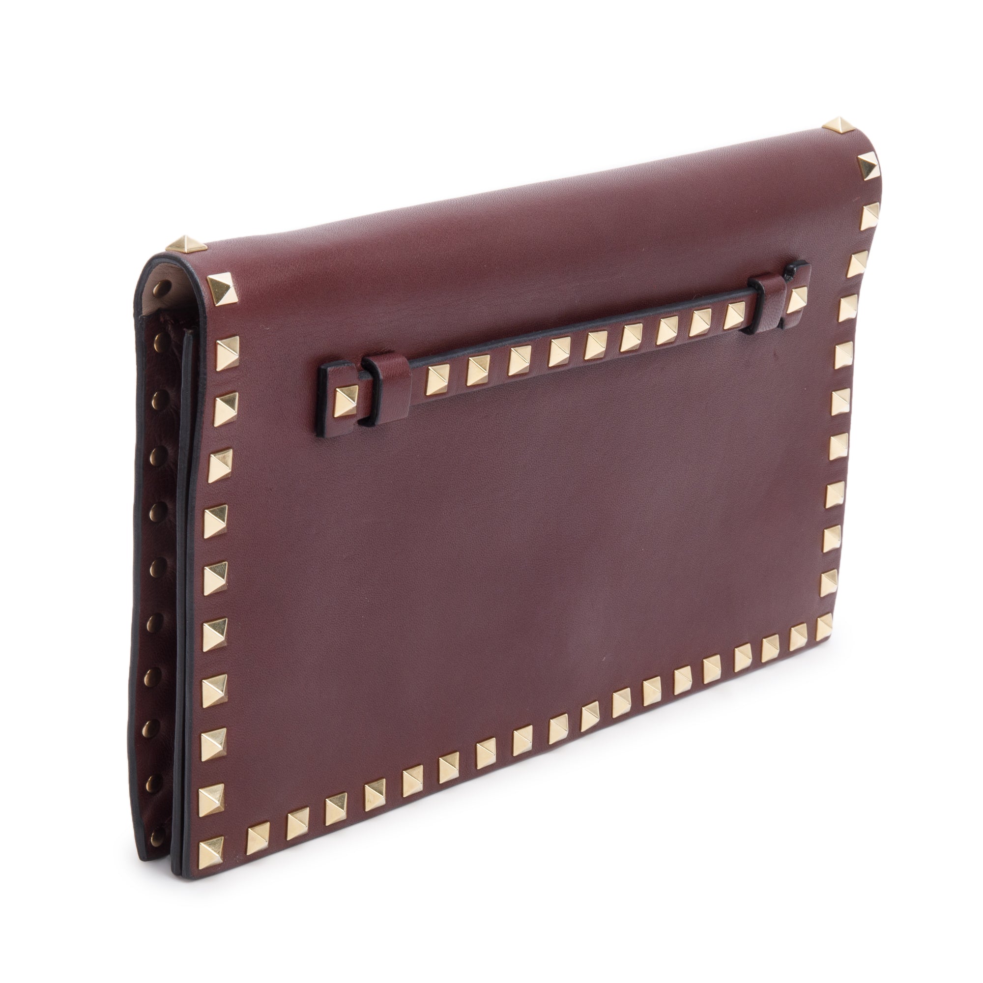 Valentino Burgundy Smooth Calfskin Leather Rockstud Wristlet Clutch w/ Wrist Strap