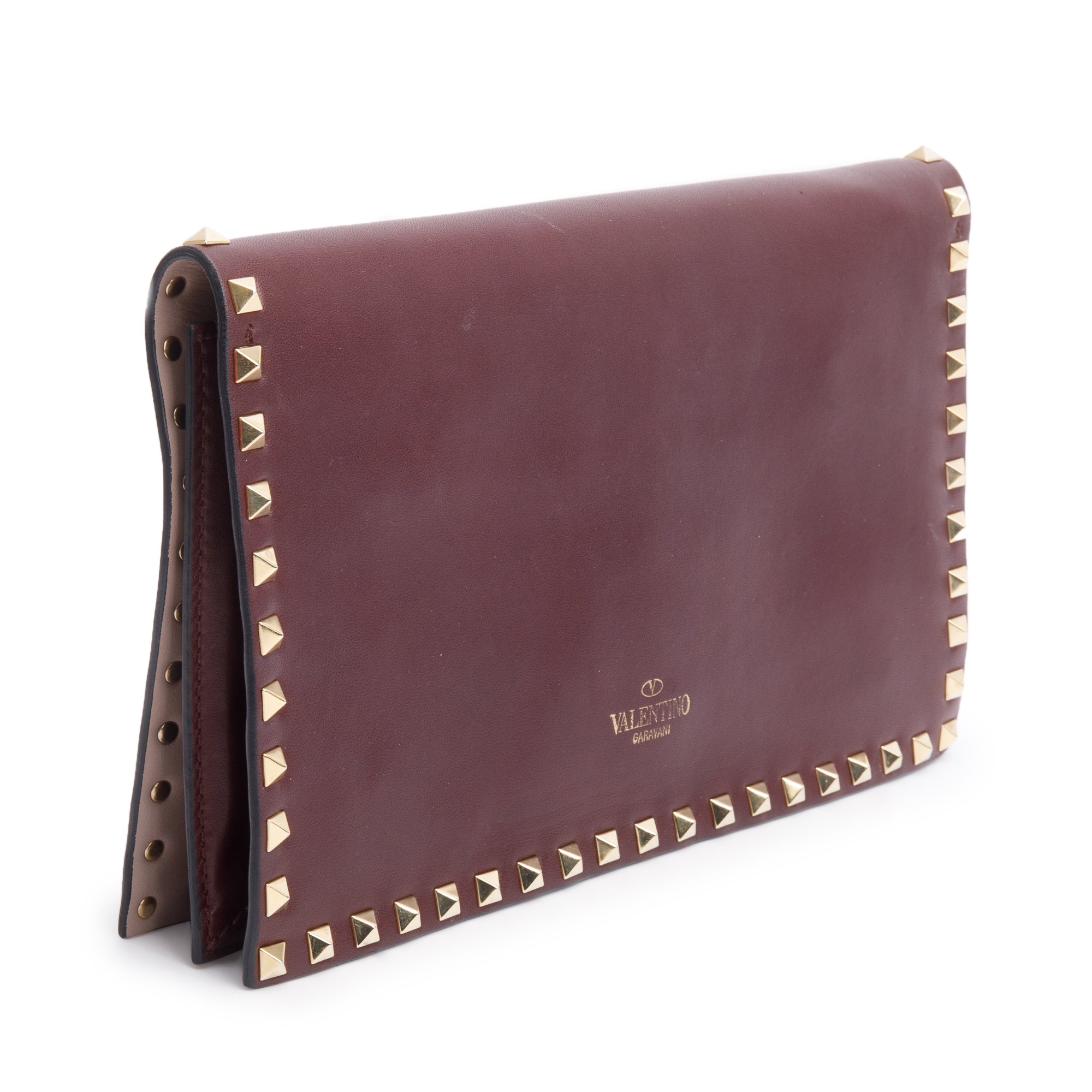 Valentino Burgundy Smooth Calfskin Leather Rockstud Wristlet Clutch w/ Wrist Strap