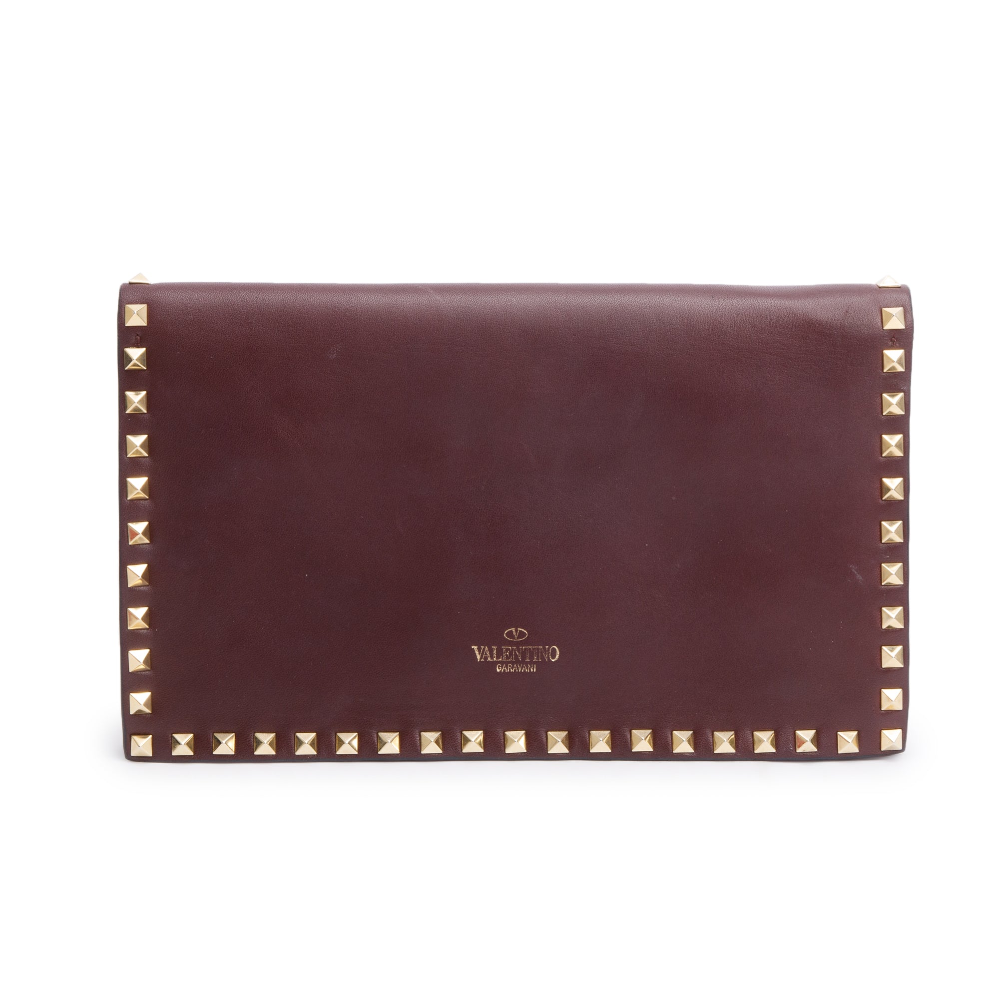 Valentino Burgundy Smooth Calfskin Leather Rockstud Wristlet Clutch w/ Wrist Strap