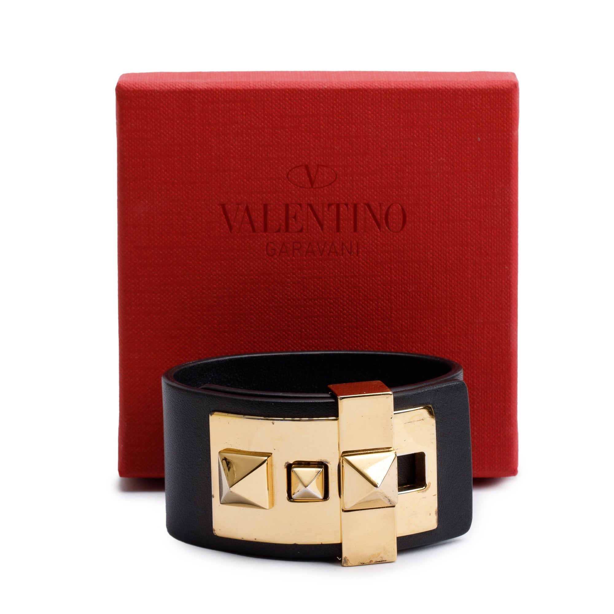 Valentino Gold-Plated Black Leather Rockstud Wide Wrap Bracelet