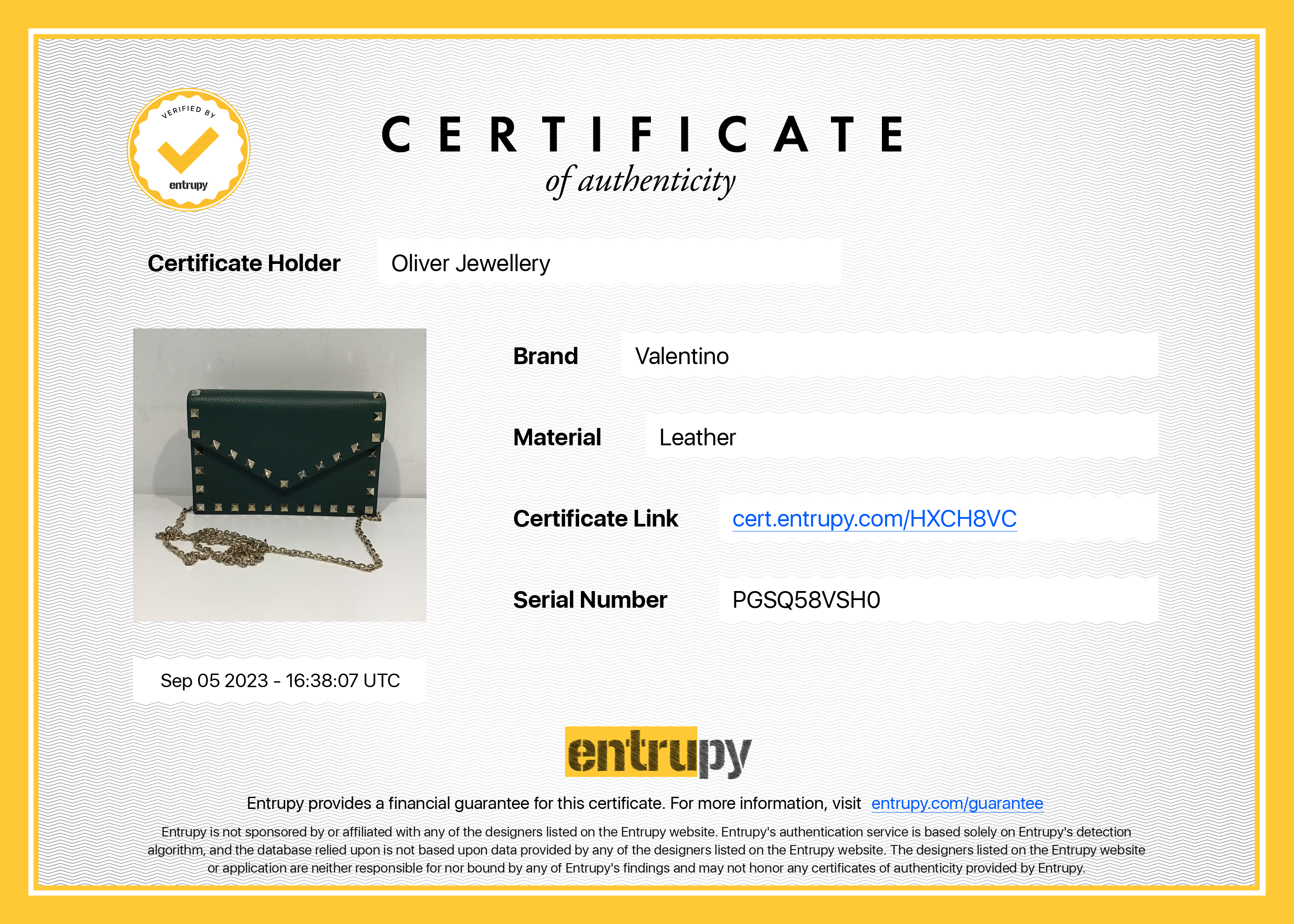 Valentino Green Pebbled Calfskin Rockstud Envelope Wallet on Chain w/ Box