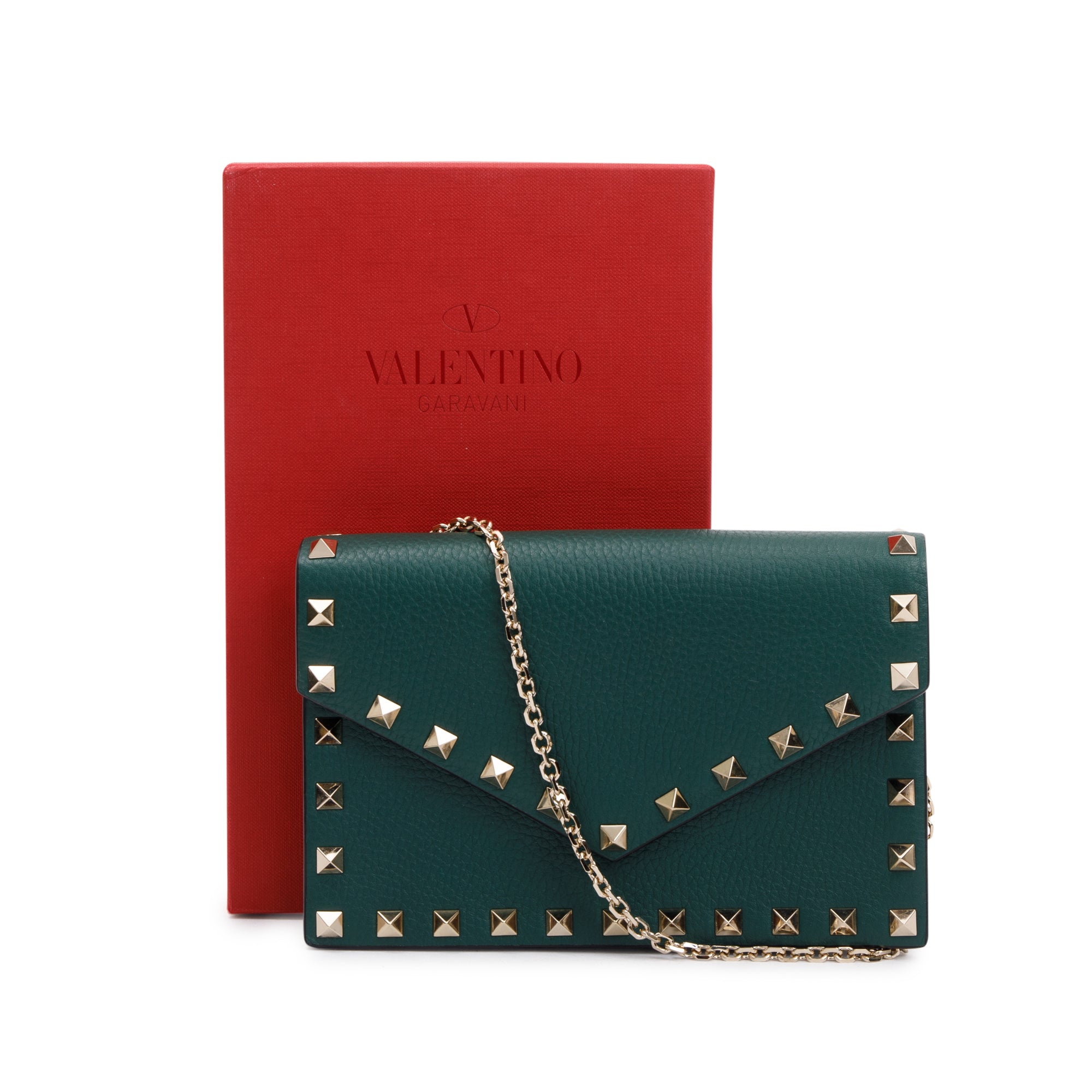 Valentino Green Pebbled Calfskin Rockstud Envelope Wallet on Chain w/ Box