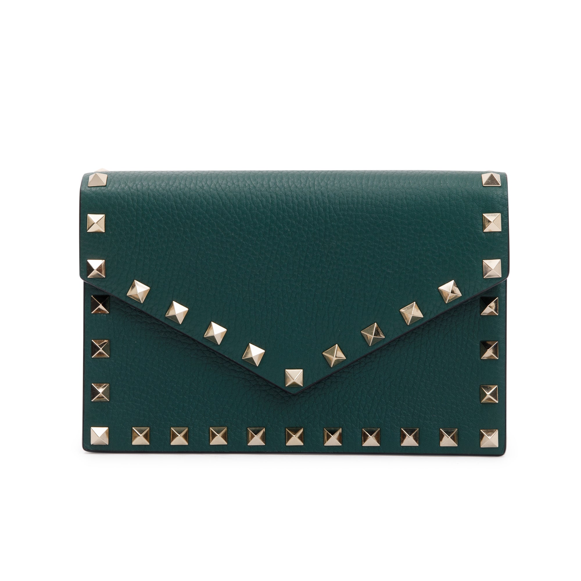 Valentino Green Pebbled Calfskin Rockstud Envelope Wallet on Chain w/ Box