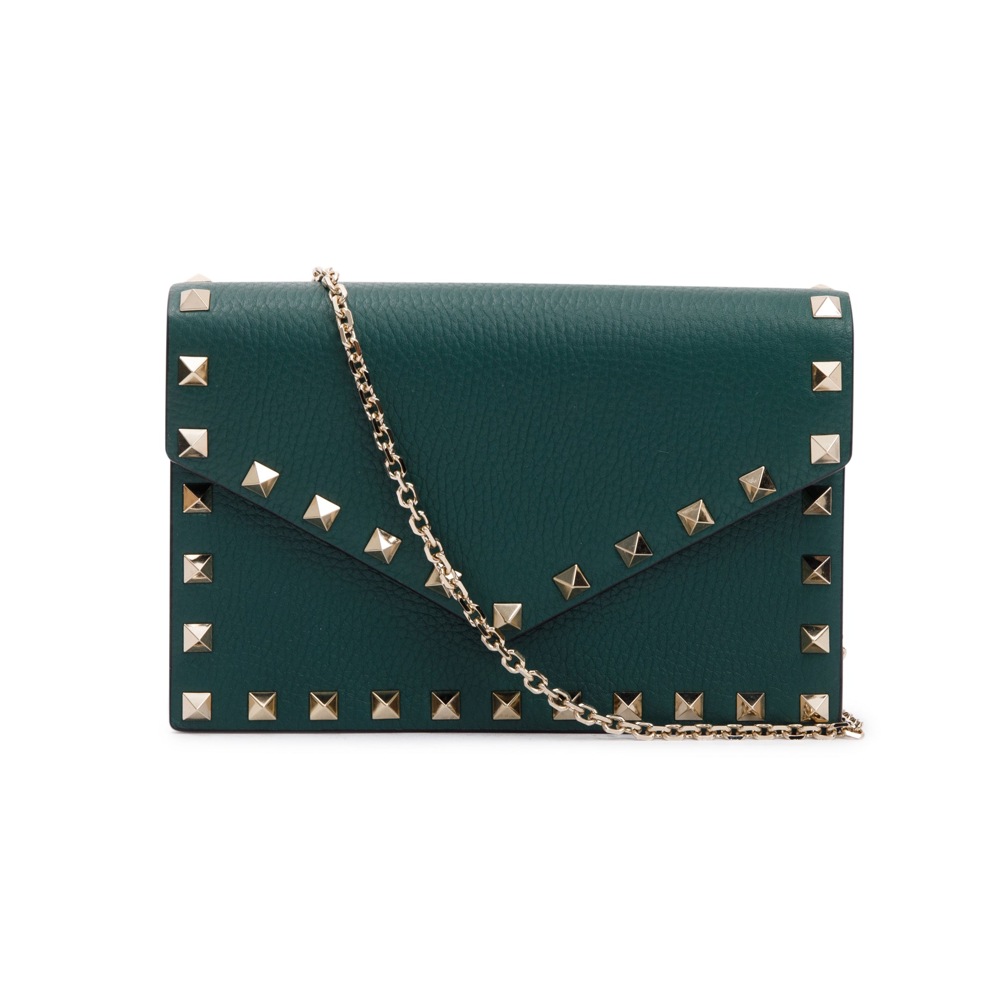 Valentino Green Pebbled Calfskin Rockstud Envelope Wallet on Chain w/ Box