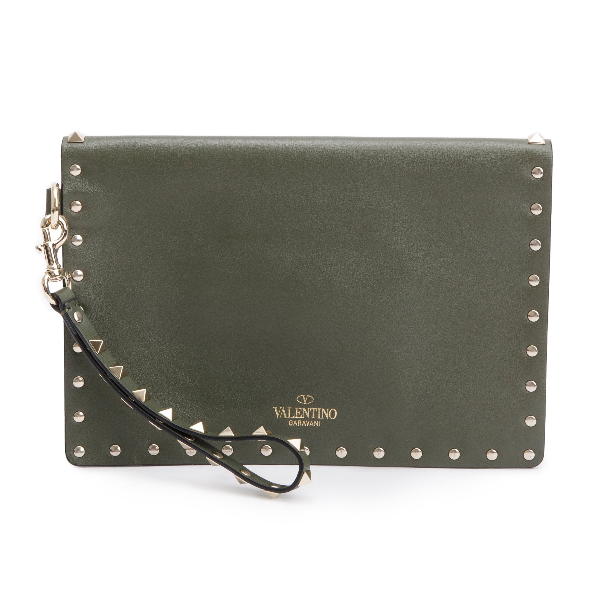 Valentino Green Smooth Calfskin Leather Rockstud Wristlet Clutch w/ Wrist Strap