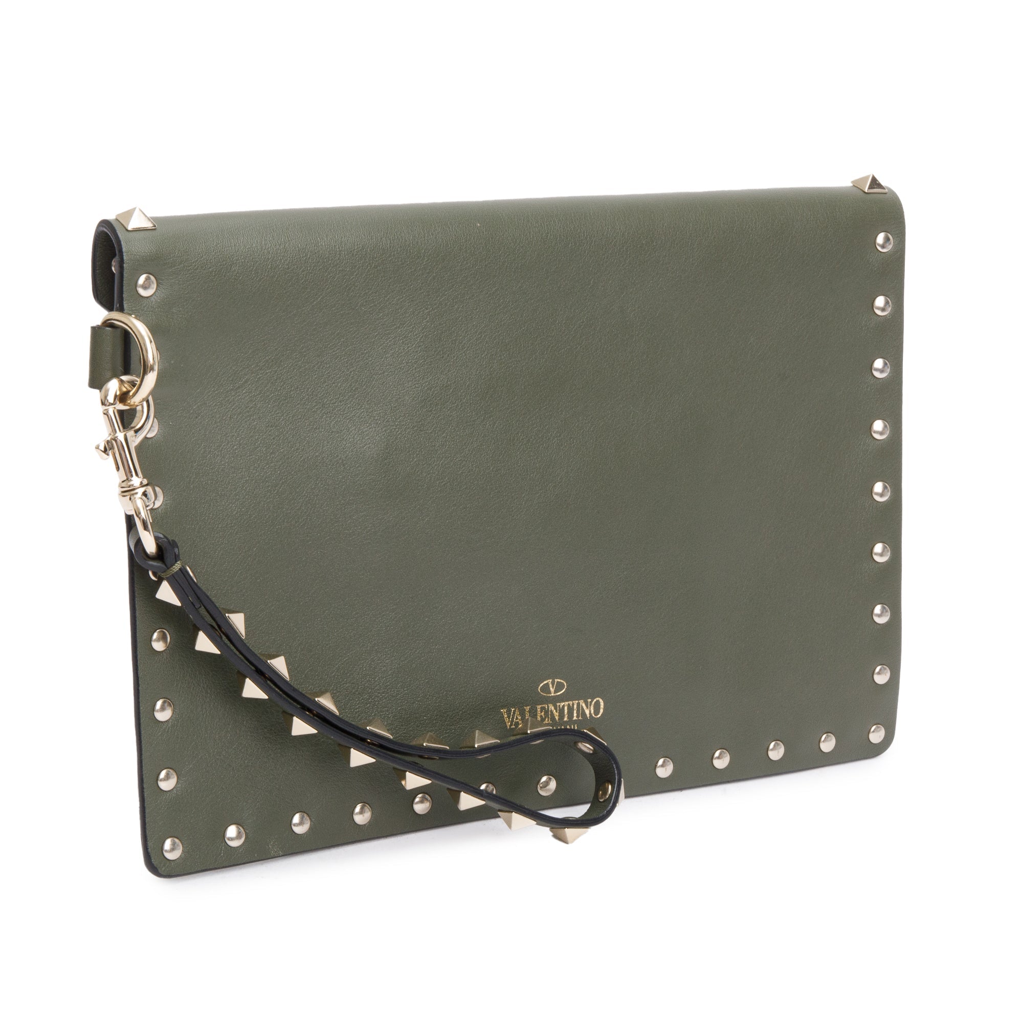 Valentino Green Smooth Calfskin Leather Rockstud Wristlet Clutch w/ Wrist Strap