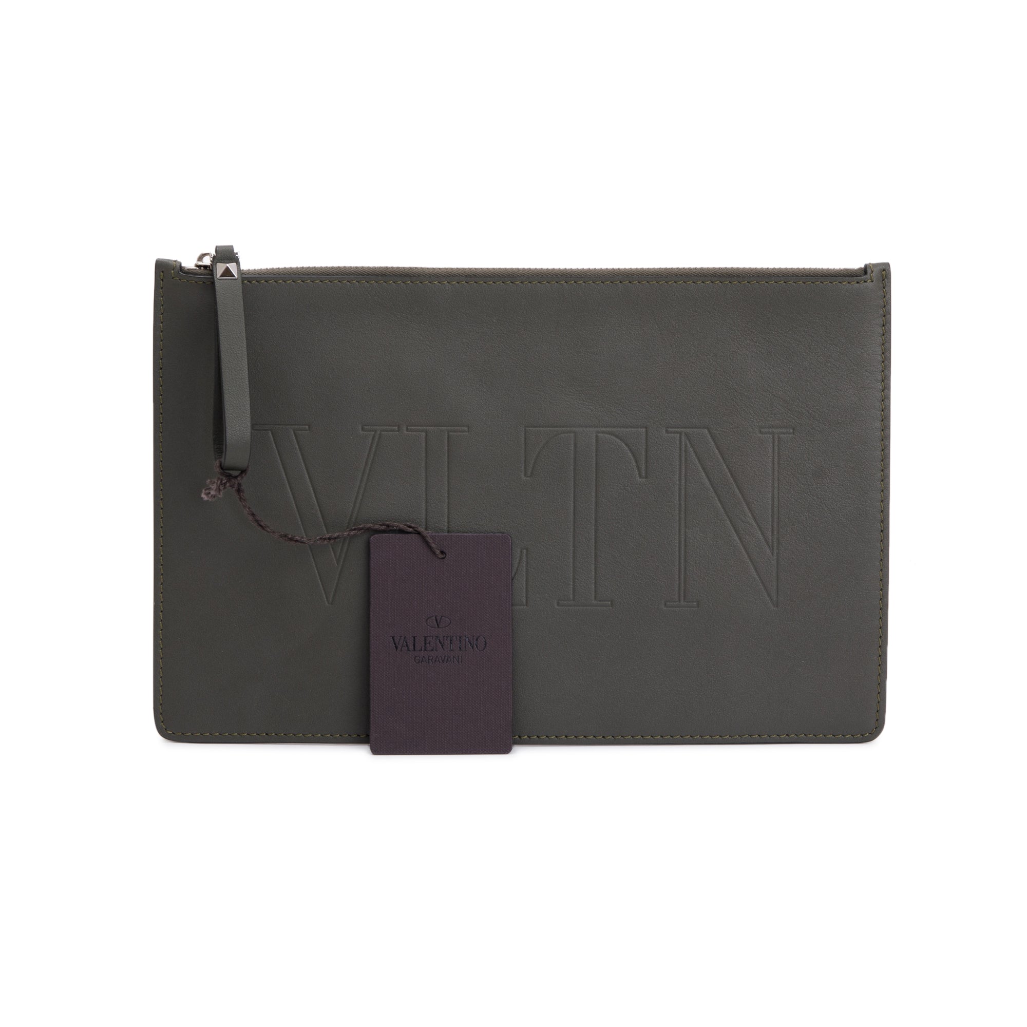 Valentino Grey Calfskin Leather VLTN Flat Pouch