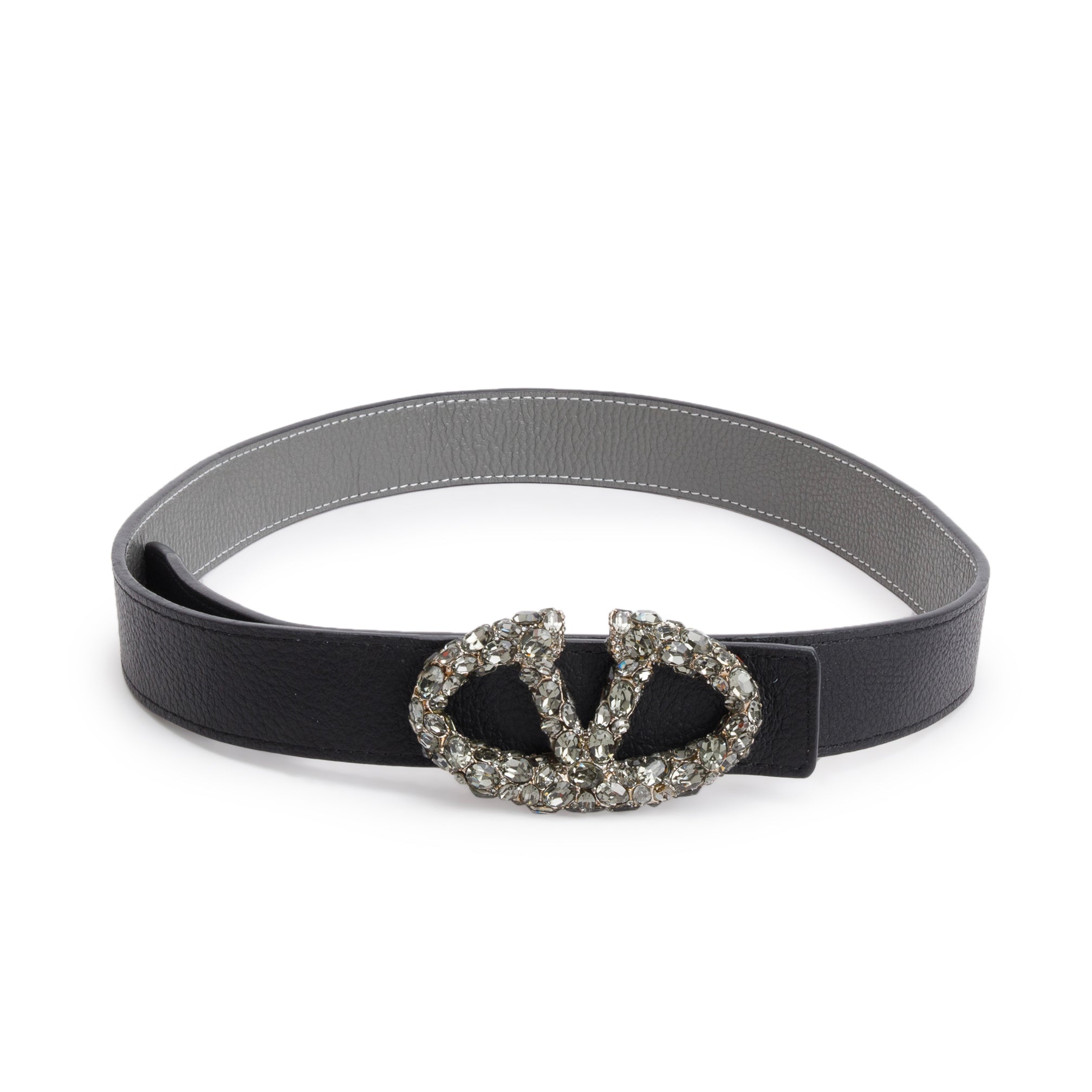 Valentino Grey/Black Calfskin Leather Crystal Vlogo Signature 30 MM Leather Belt, 100 34