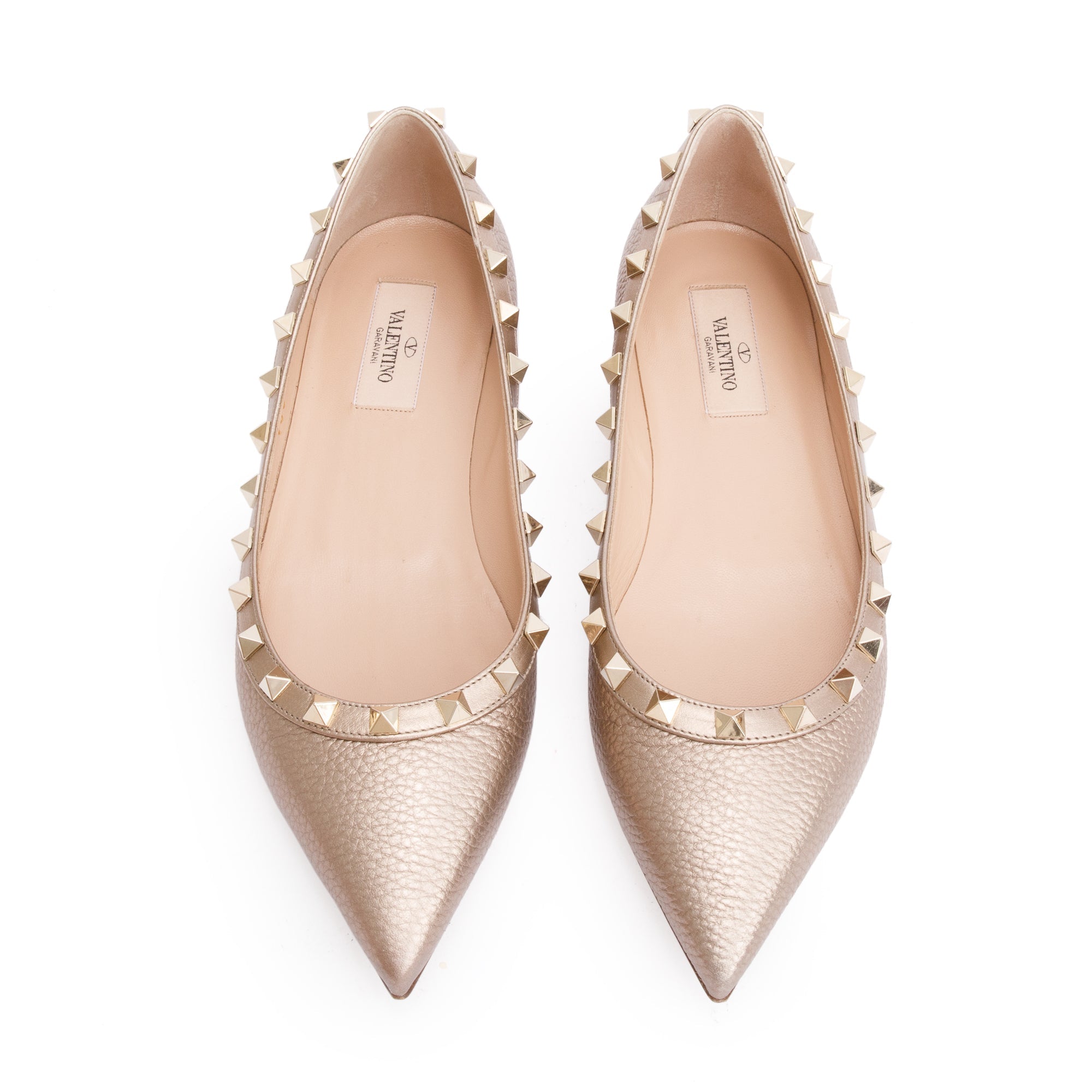 Valentino Metallic Gold Grained Leather Rockstud Ballet Flat Shoes, Size 38 w/ Box