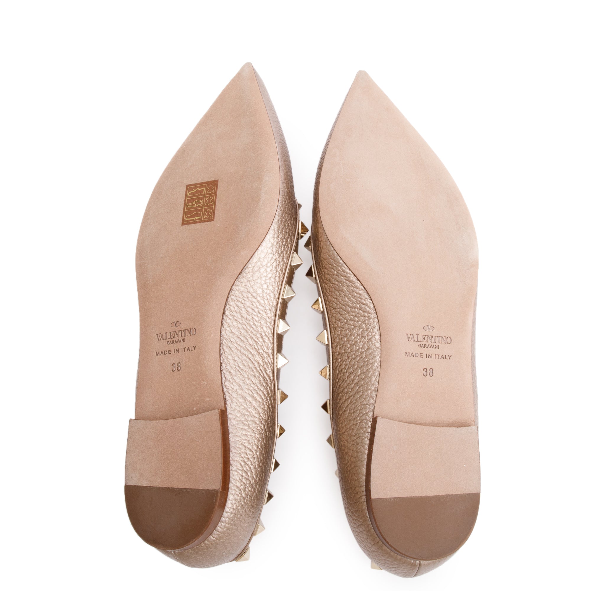 Valentino Metallic Gold Grained Leather Rockstud Ballet Flat Shoes, Size 38 w/ Box