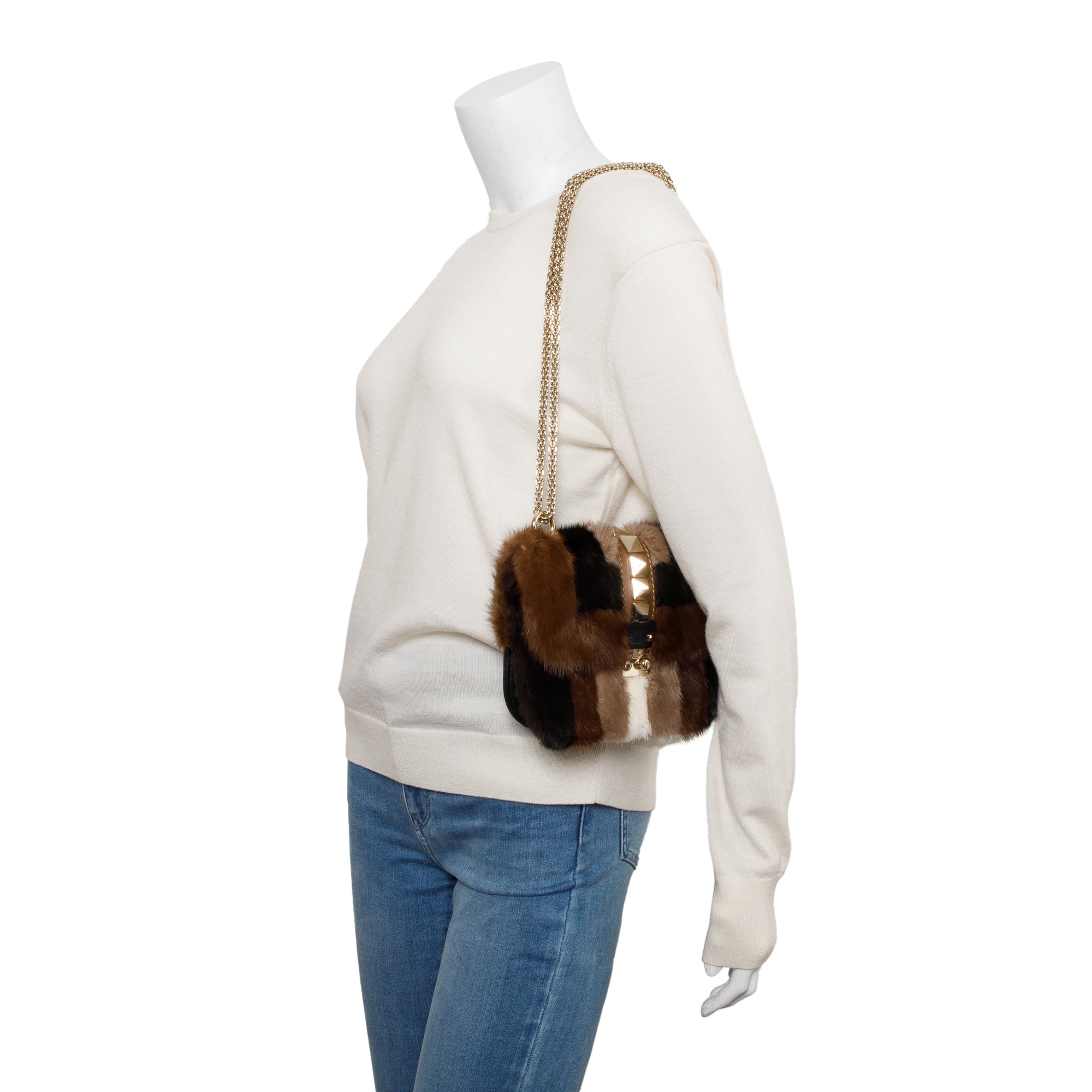 Valentino Multicolor Mink Fur Calfskin Leather Small Glam Lock Rockstud Flap Bag