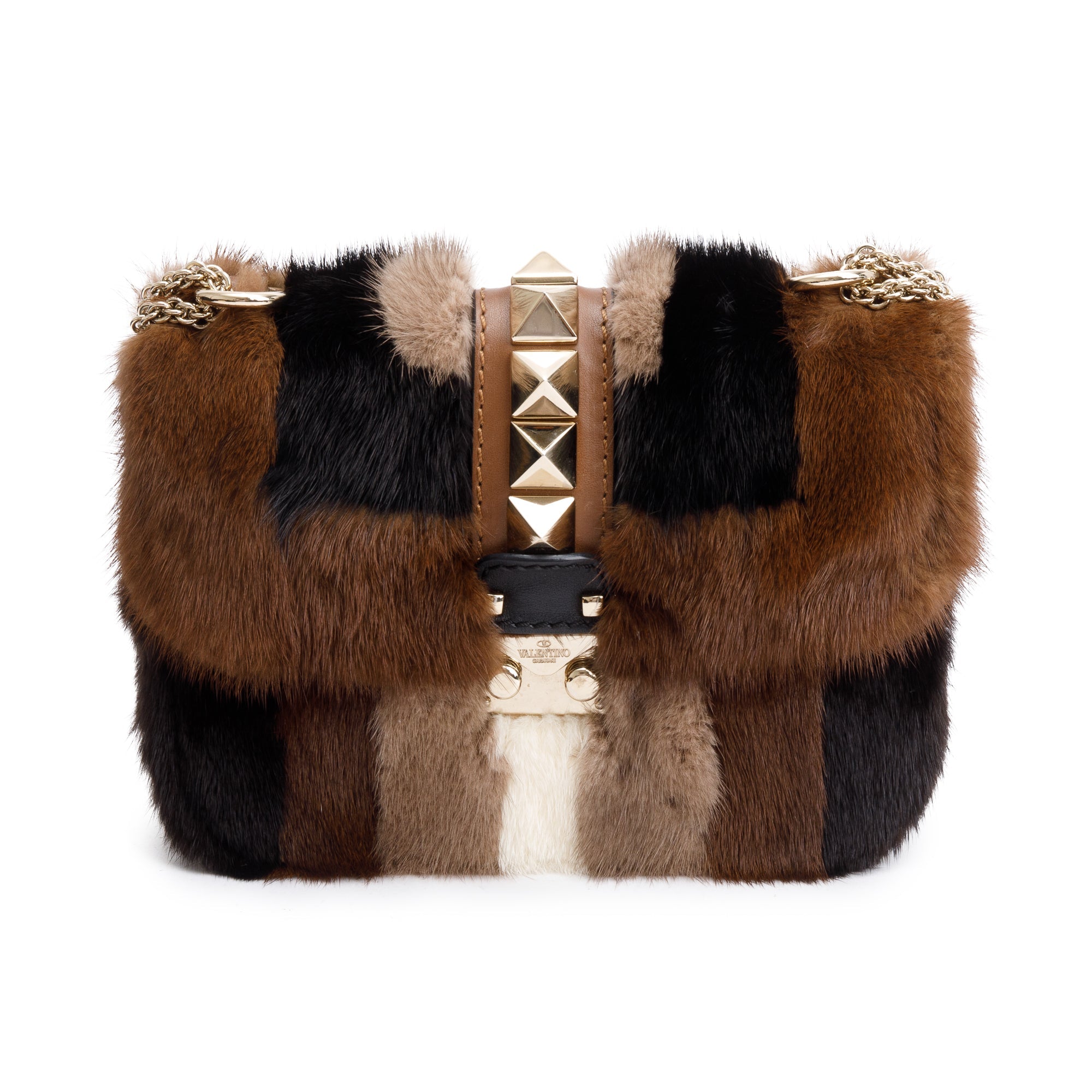 Valentino Multicolor Mink Fur Calfskin Leather Small Glam Lock Rockstud Flap Bag