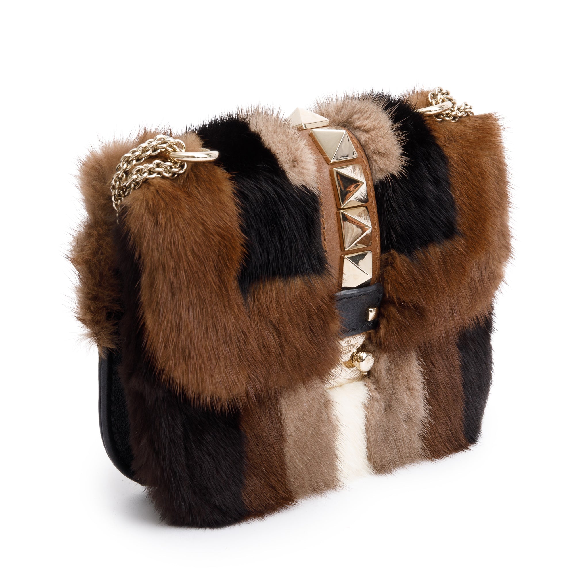 Valentino Multicolor Mink Fur Calfskin Leather Small Glam Lock Rockstud Flap Bag