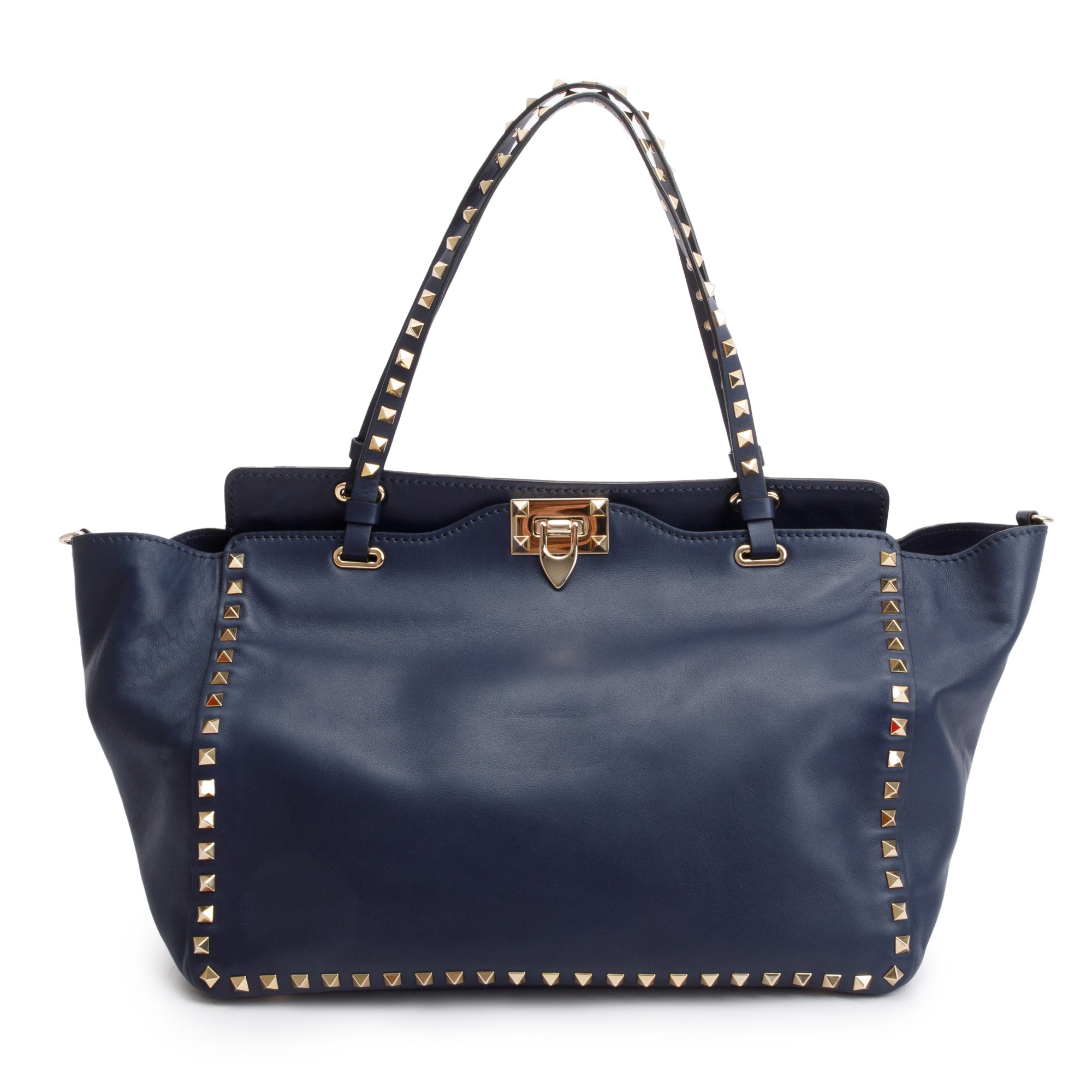 Valentino Navy Calfskin Leather Medium Rockstud Tote Bag w/ Strap
