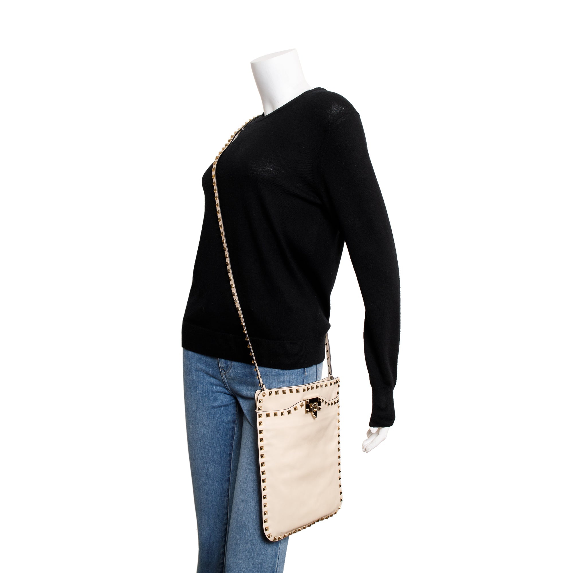 Valentino Neutral Calfskin Leather Rockstud Foldover Crossbody