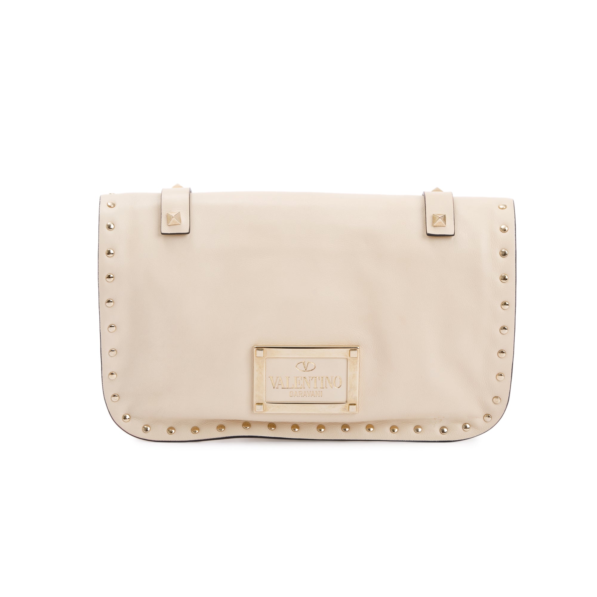 Valentino Neutral Calfskin Leather Rockstud Foldover Crossbody