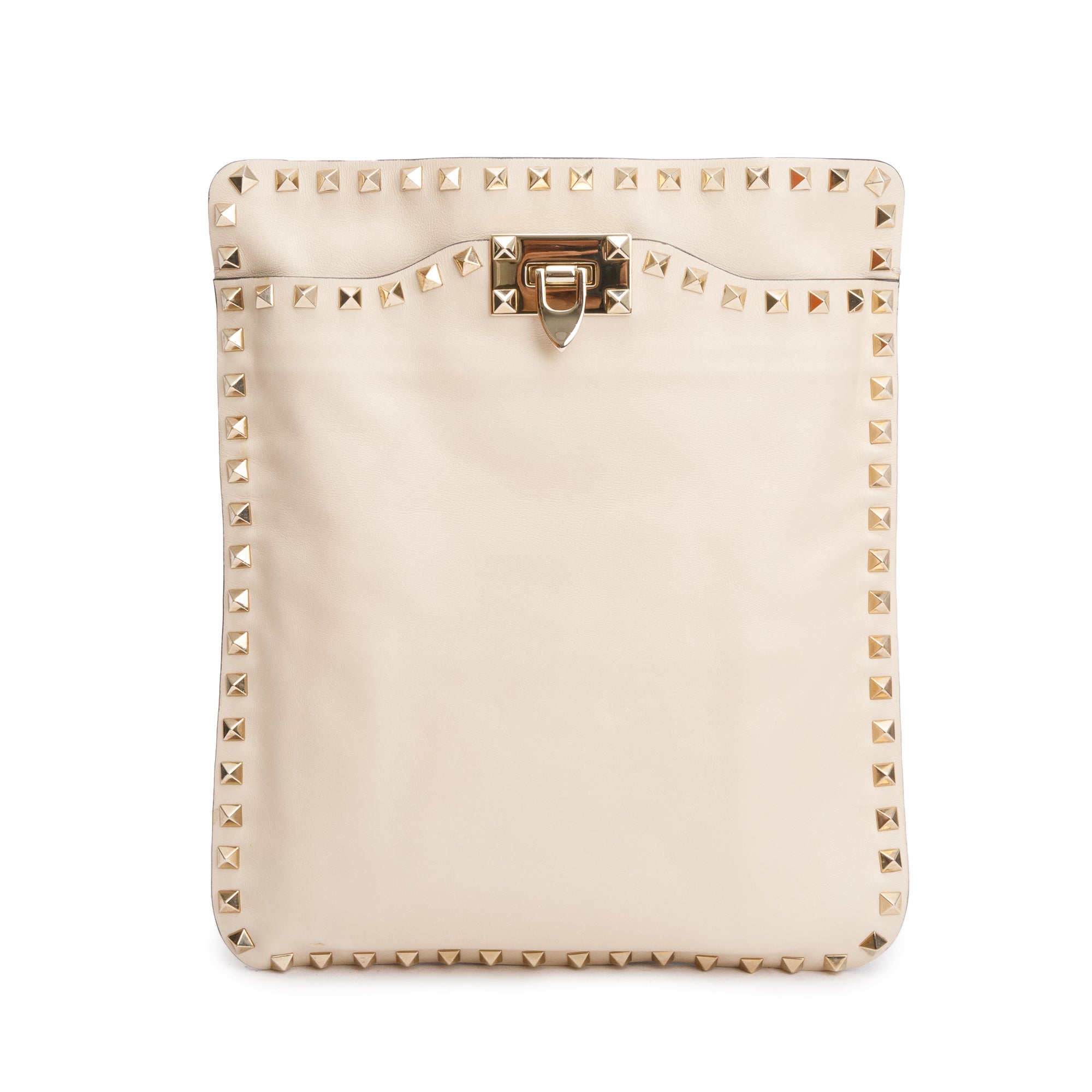 Valentino Neutral Calfskin Leather Rockstud Foldover Crossbody