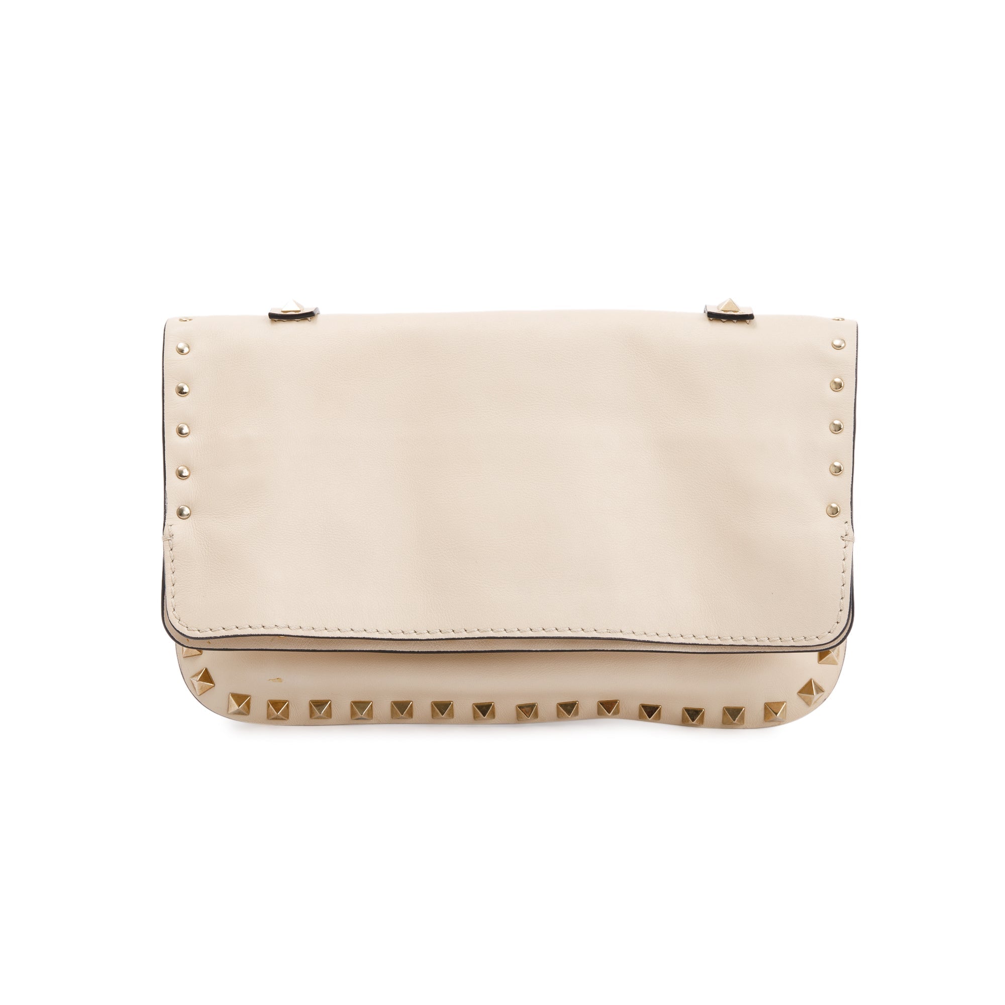 Valentino Neutral Calfskin Leather Rockstud Foldover Crossbody