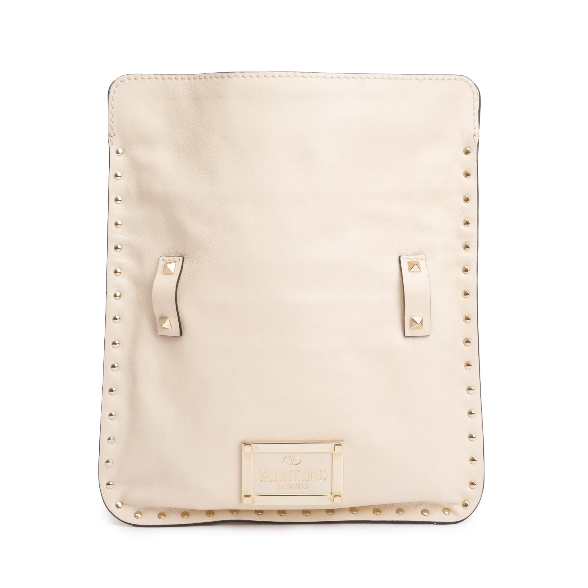 Valentino Neutral Calfskin Leather Rockstud Foldover Crossbody