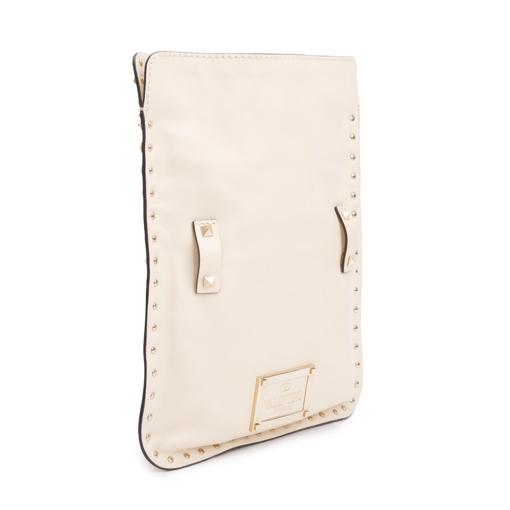 Valentino Neutral Calfskin Leather Rockstud Foldover Crossbody