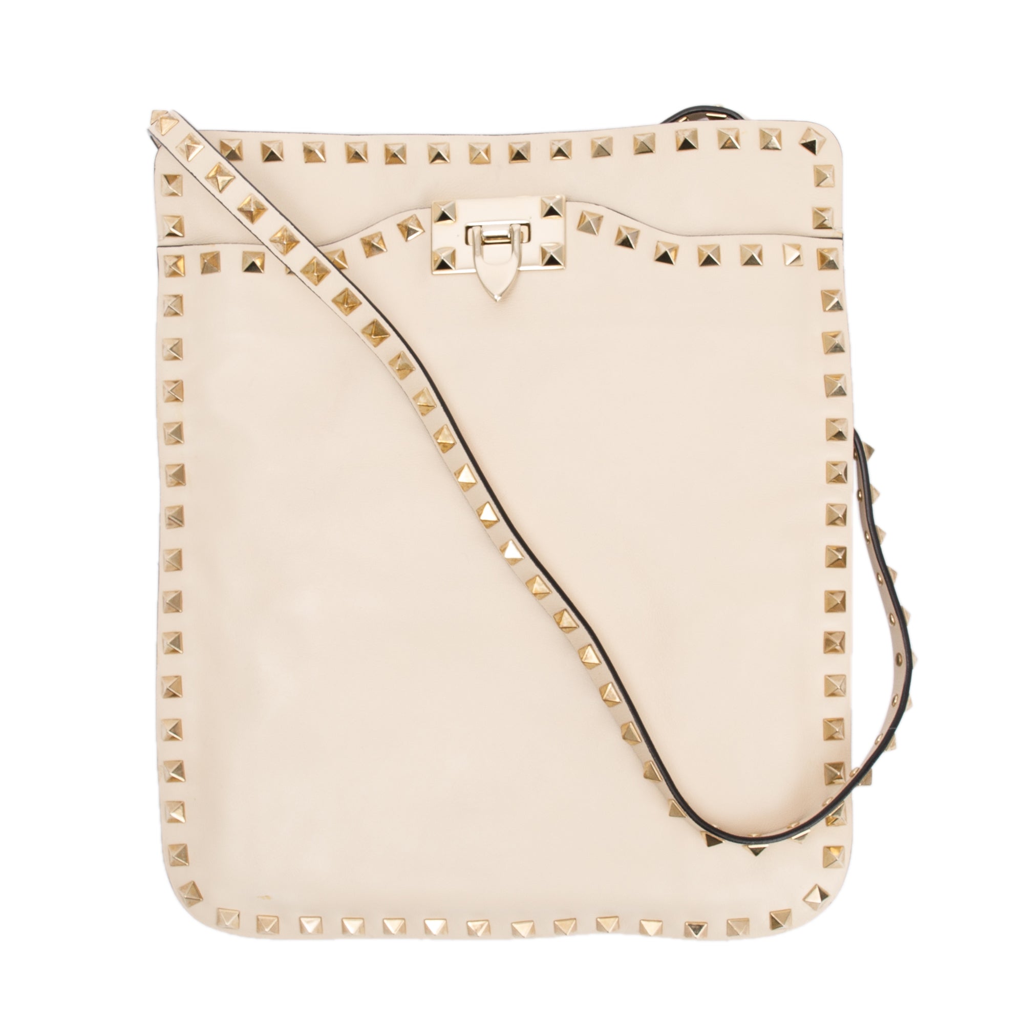 Valentino Neutral Calfskin Leather Rockstud Foldover Crossbody