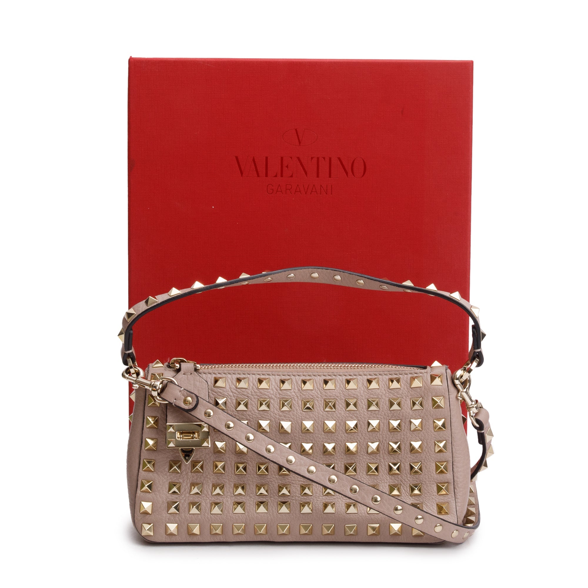 Valentino Neutral Grained Calfskin Leather All Over Rockstud Small Crossbody Bag w/ Strap & Box
