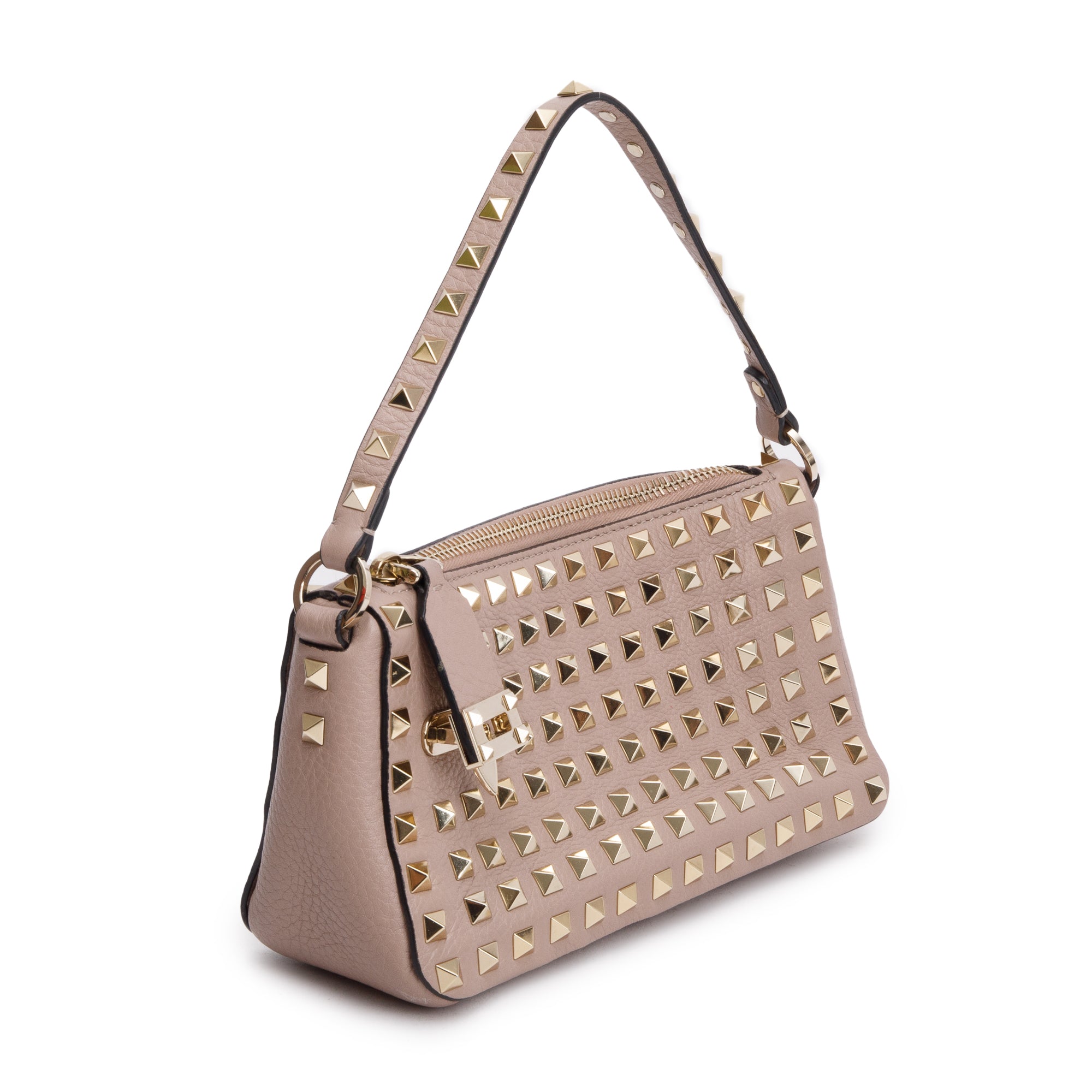 Valentino Neutral Grained Calfskin Leather All Over Rockstud Small Crossbody Bag w/ Strap & Box
