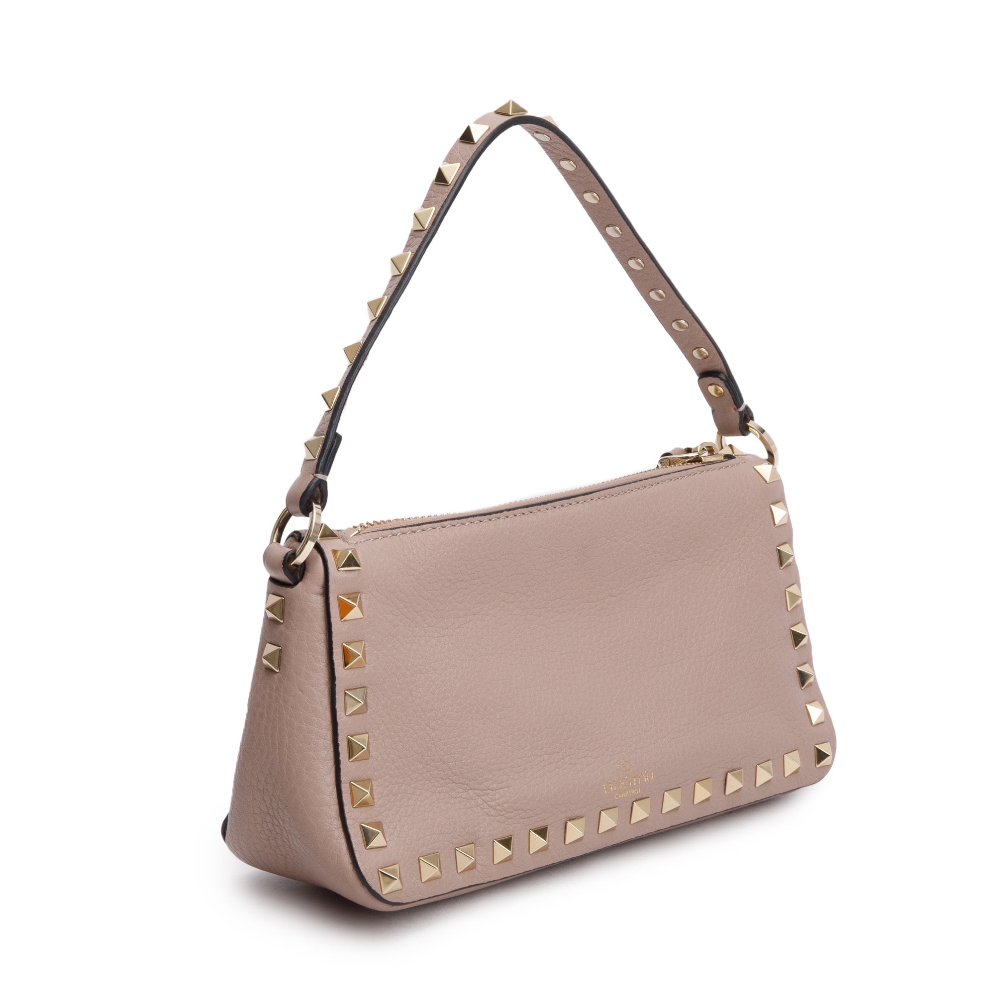 Valentino Neutral Grained Calfskin Leather All Over Rockstud Small Crossbody Bag w/ Strap & Box