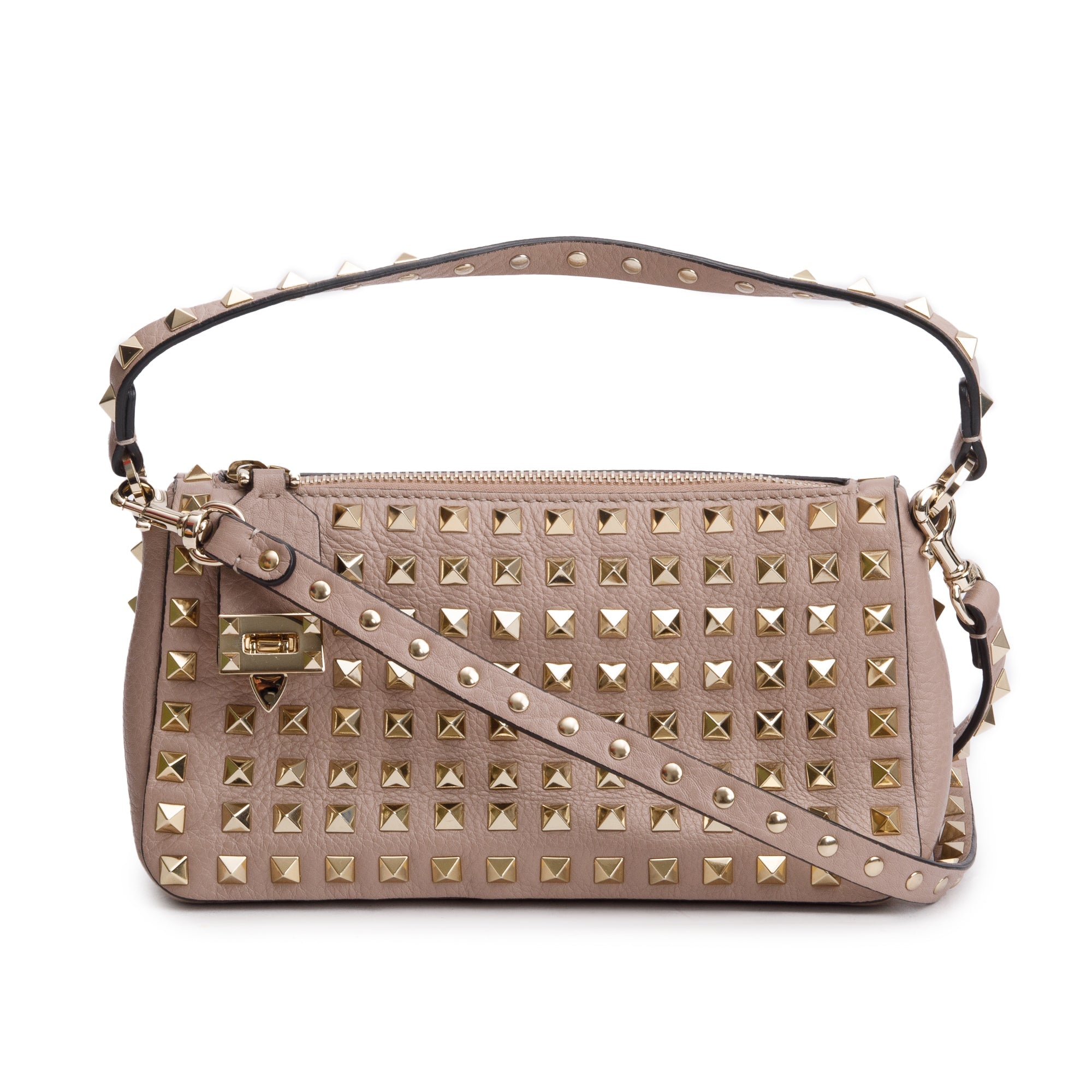 Valentino Neutral Grained Calfskin Leather All Over Rockstud Small Crossbody Bag w/ Strap & Box