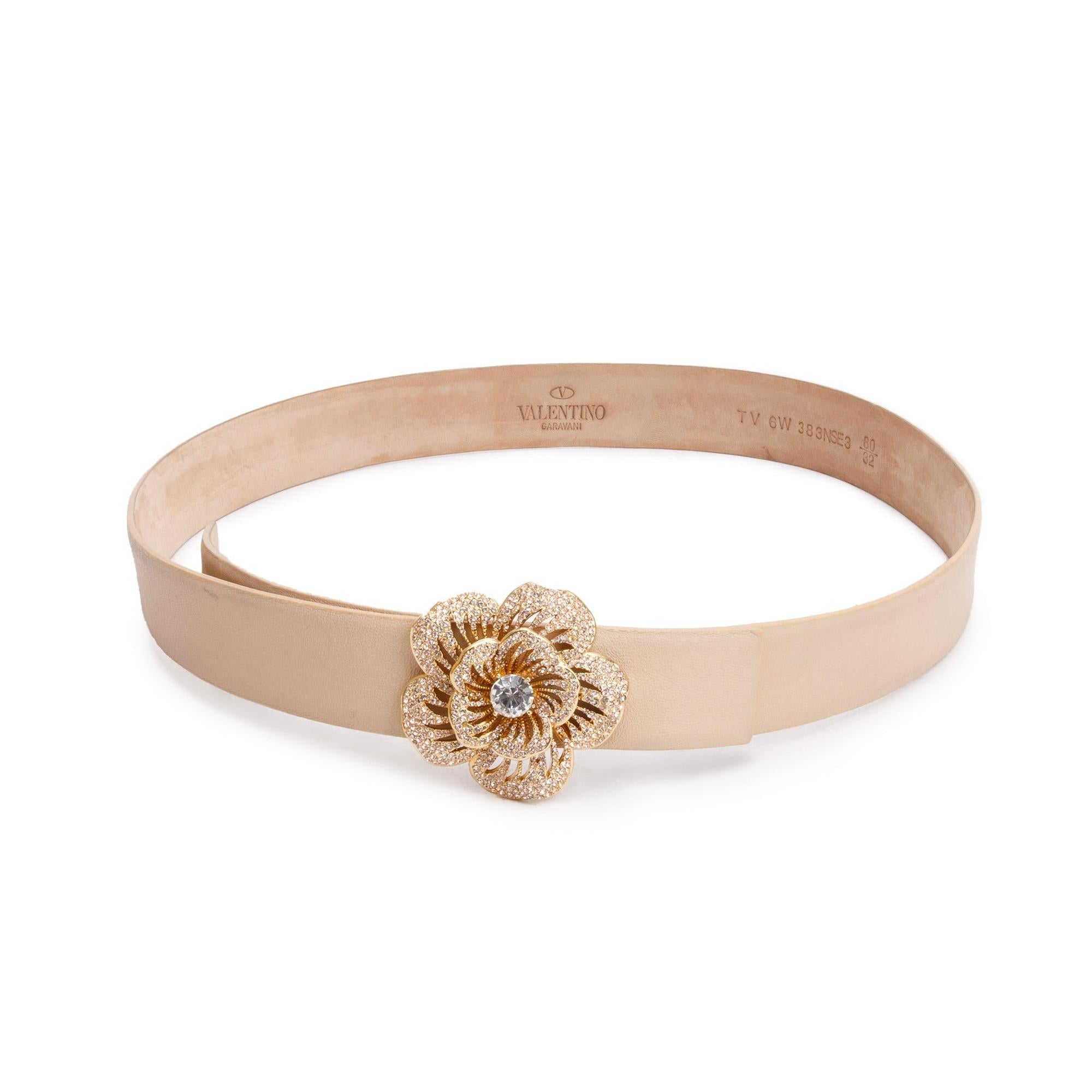 Valentino Neutral Leather Crystal Flower Buckle Belt, 80 32