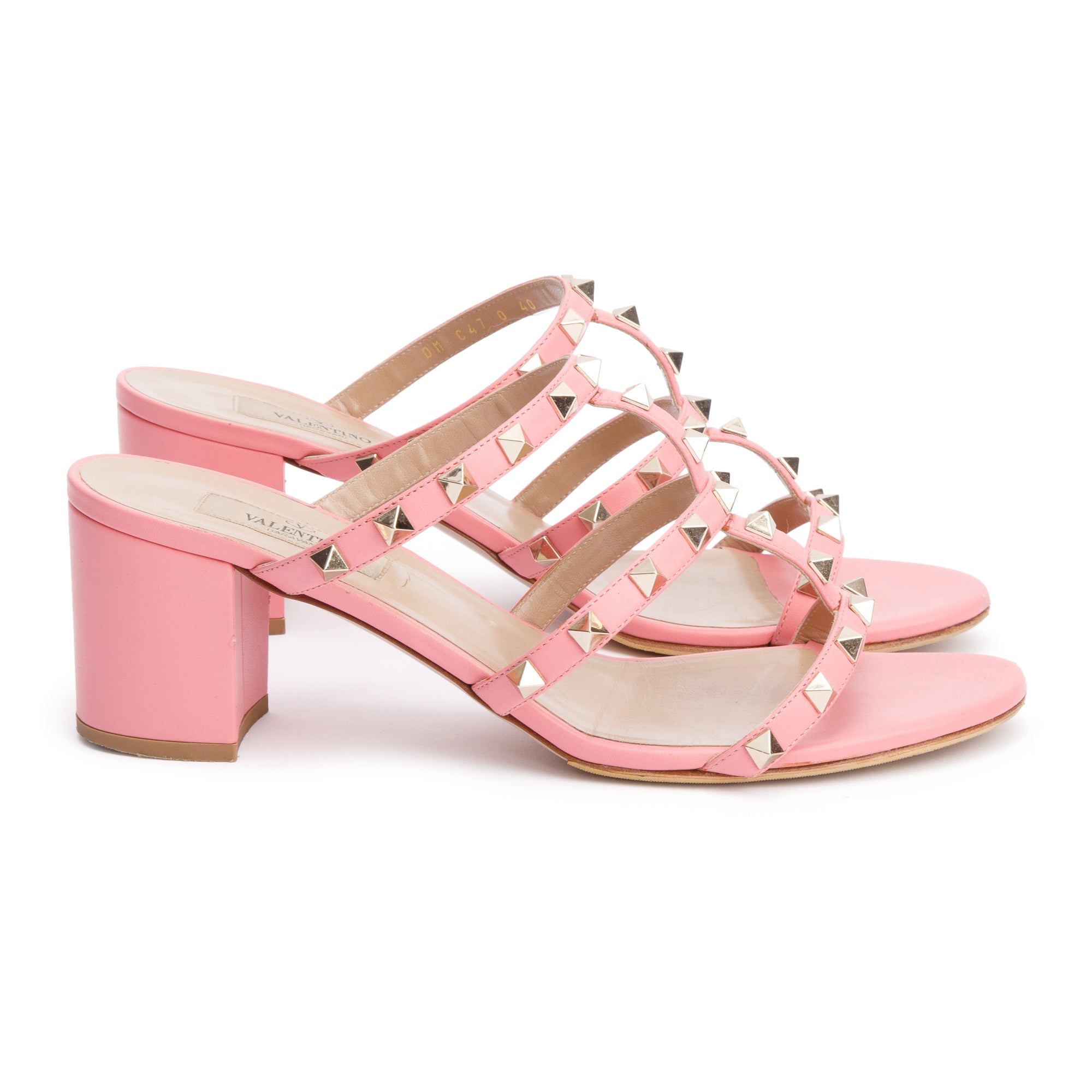 Valentino Pink Leather Rockstud Heeled Mule Sandals, Size 40 w/ Box