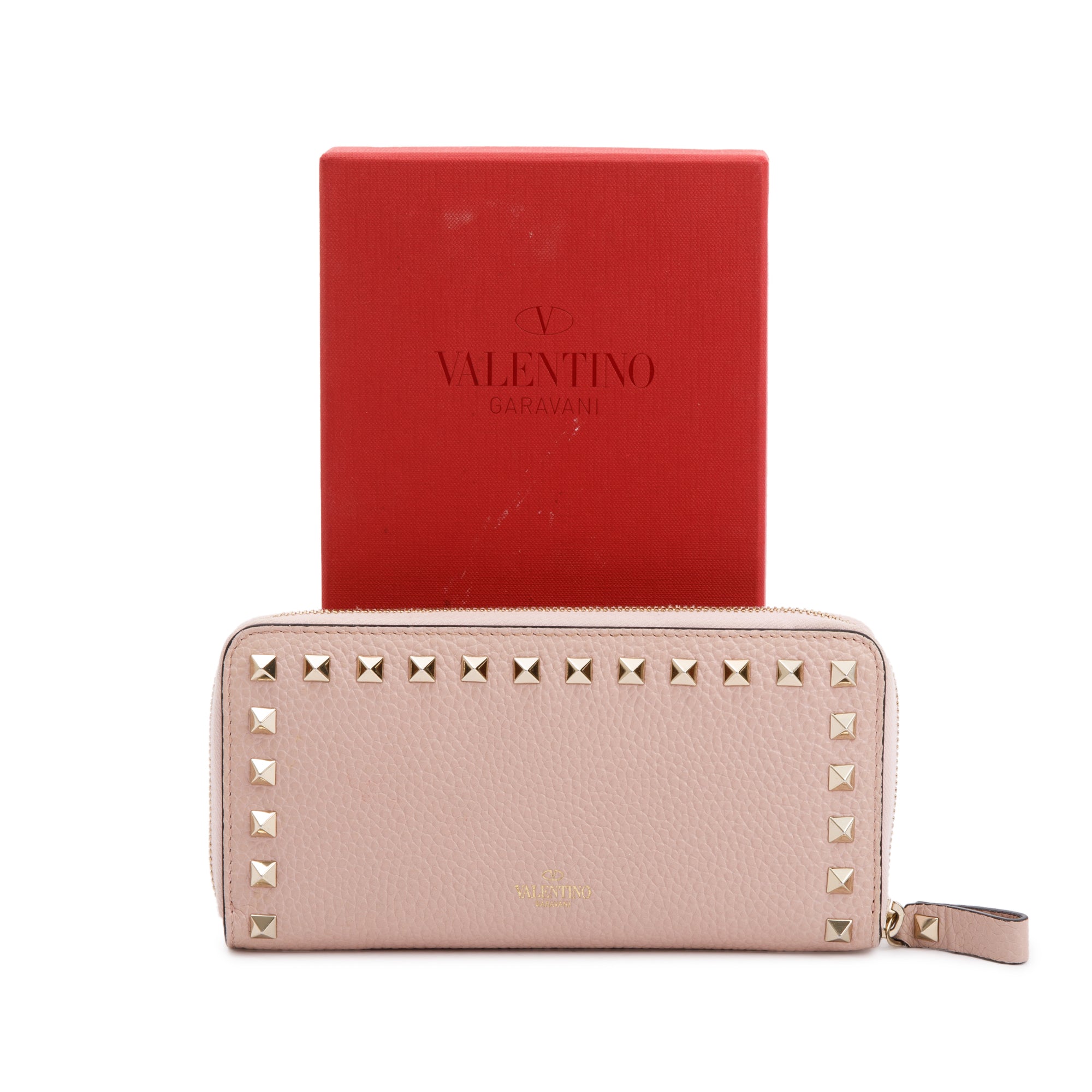 Valentino Pink Pebbled Calfskin Rockstud Zip Around Wallet w/ Box