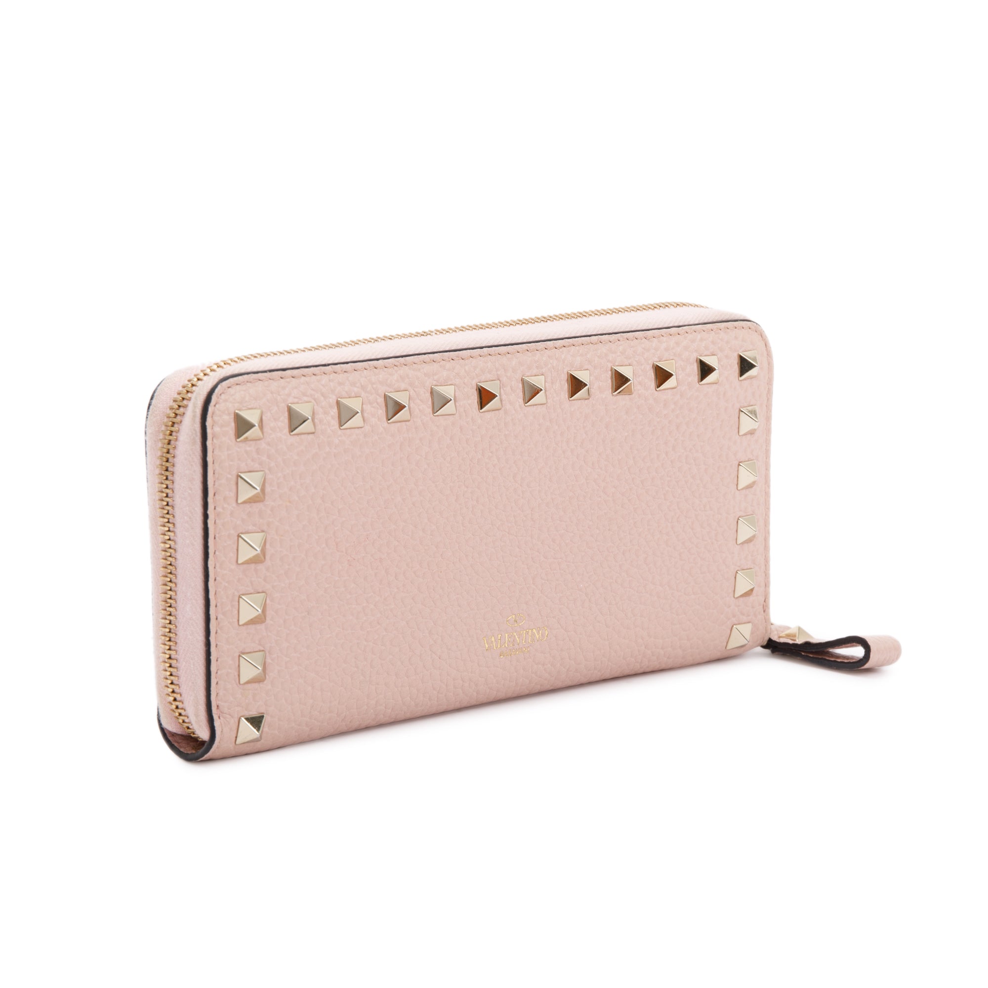 Valentino Pink Pebbled Calfskin Rockstud Zip Around Wallet w/ Box