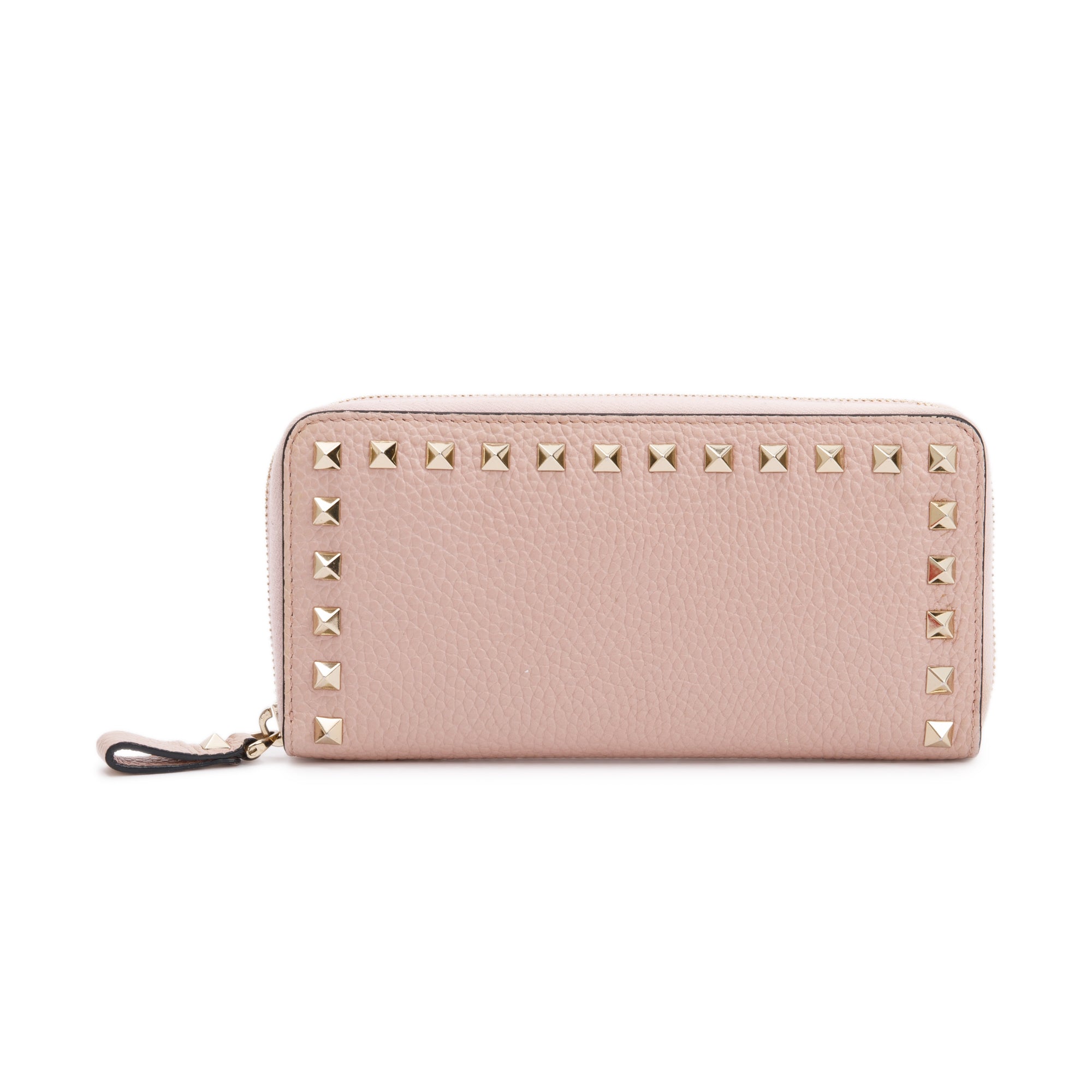 Valentino Pink Pebbled Calfskin Rockstud Zip Around Wallet w/ Box