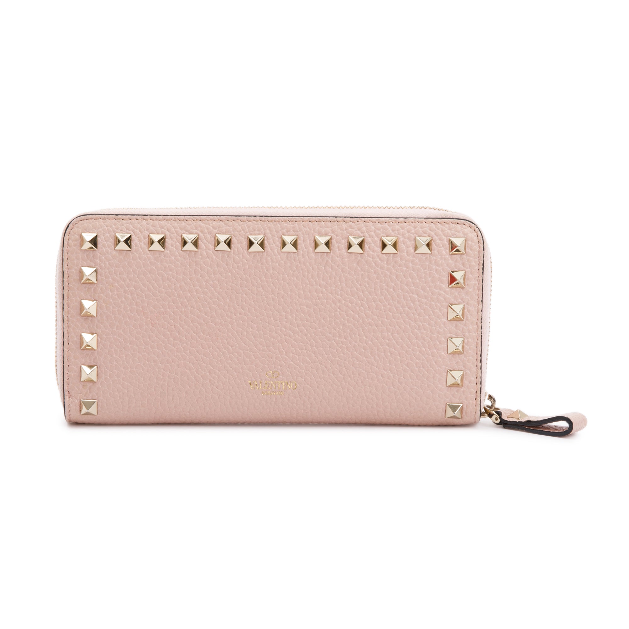 Valentino Pink Pebbled Calfskin Rockstud Zip Around Wallet w/ Box