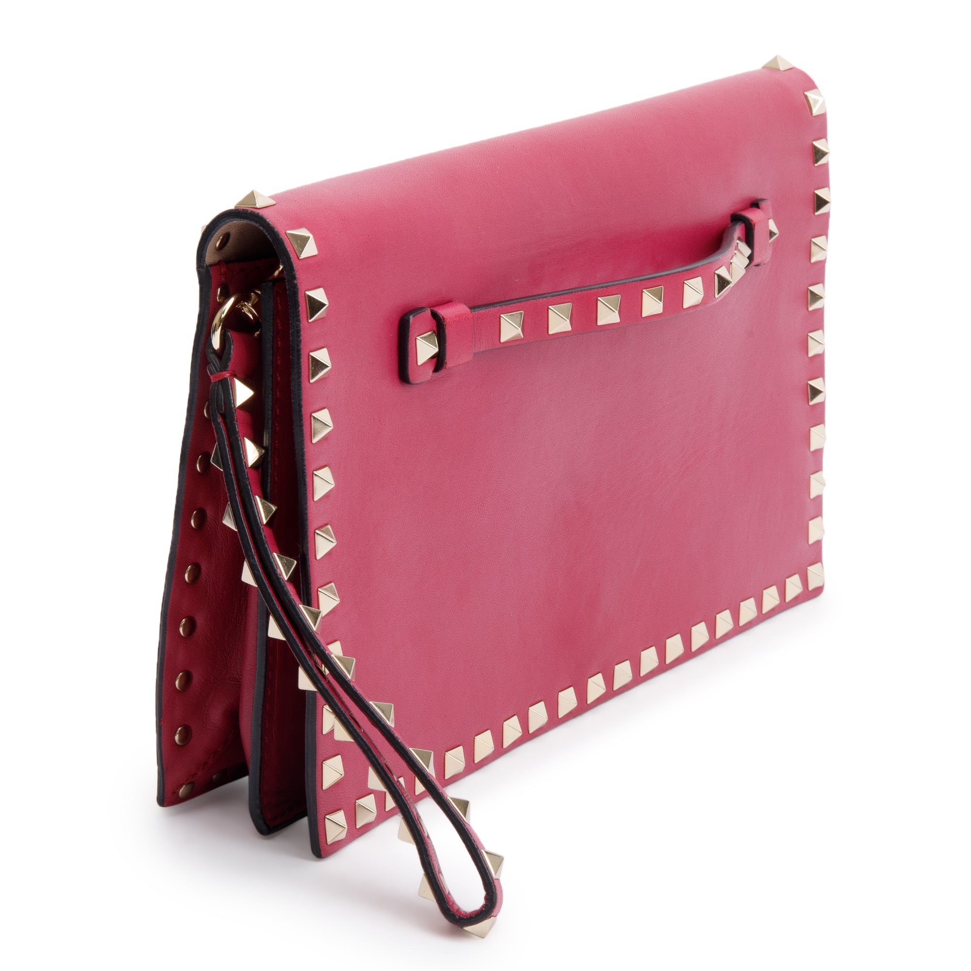 Valentino Pink Smooth Calfskin Leather Rockstud Wristlet Clutch w/ Wrist Strap