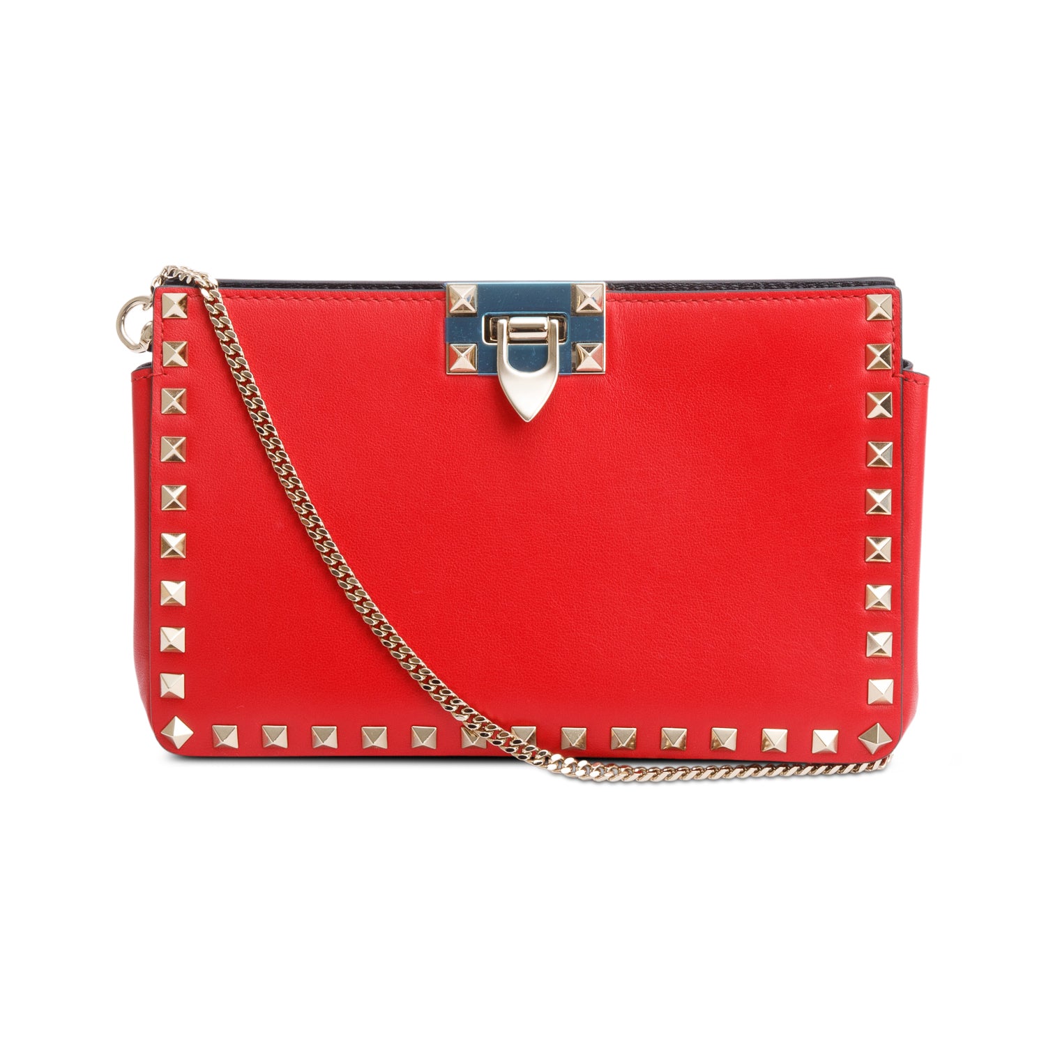 Valentino Red Calfskin Leather Rockstud Clutch with Chain