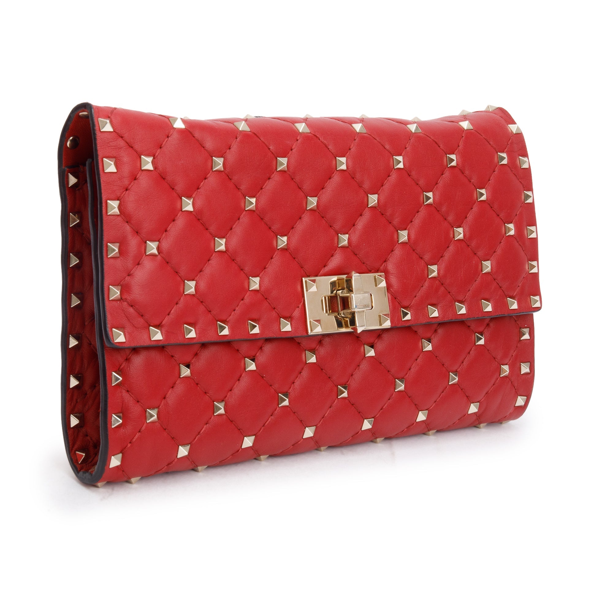 Valentino Red Calfskin Leather Rockstud Spike Wallet On Chain