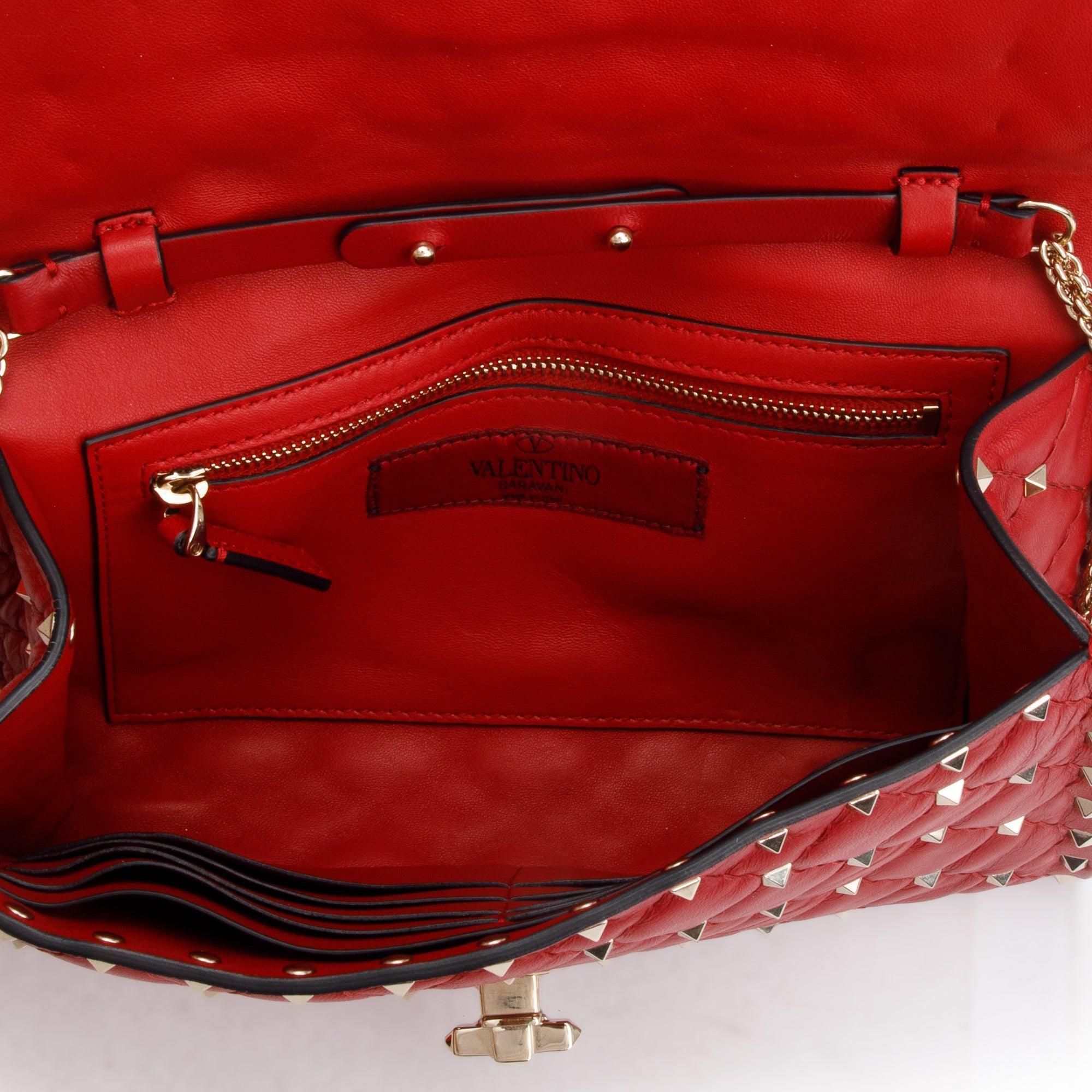 Valentino Red Calfskin Leather Rockstud Spike Wallet On Chain