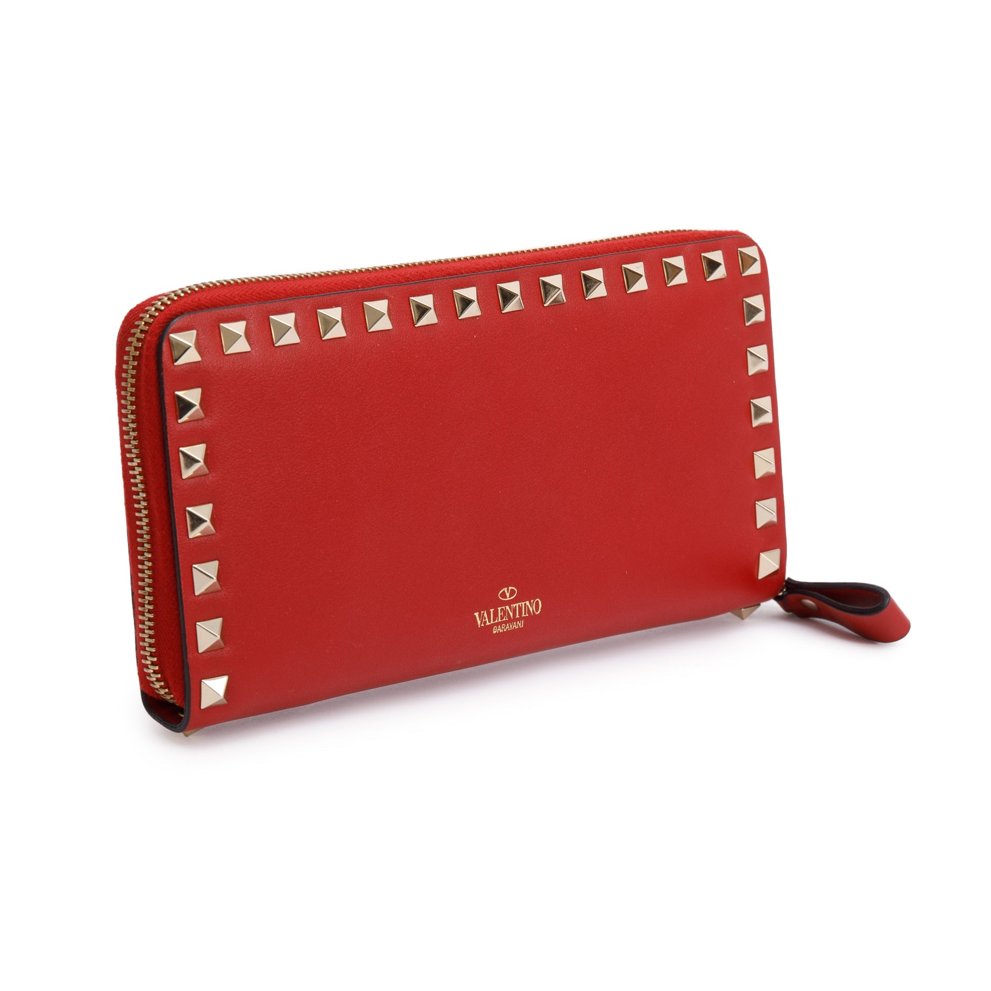 Valentino Red Calfskin Leather Rockstud Zippered Wallet w/ Box